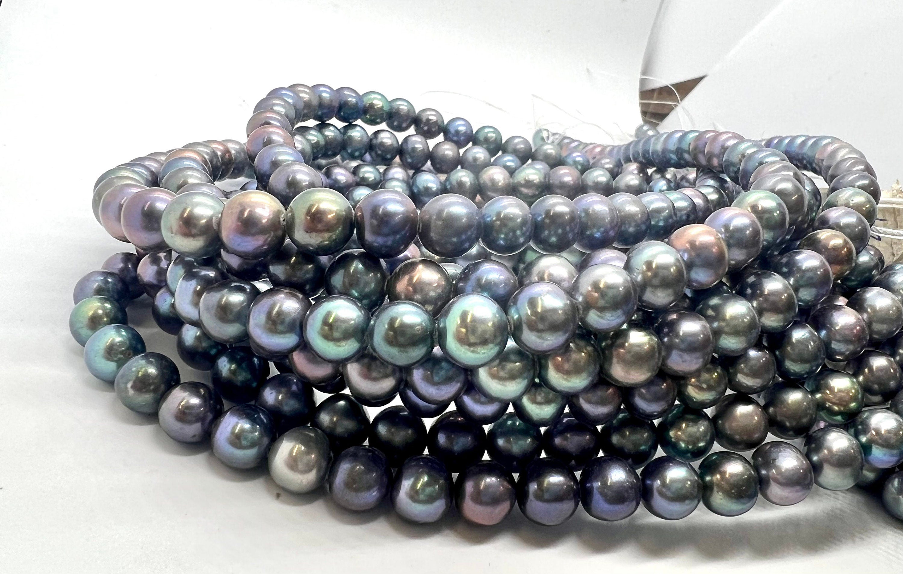 AAA+ Top quality 7-8mm Rare metallic Rainbow Peacock Round Freshwater Pearl, Genuine Tahiti Peacock blue Cultured Pearl 15" Strand #RS2107A