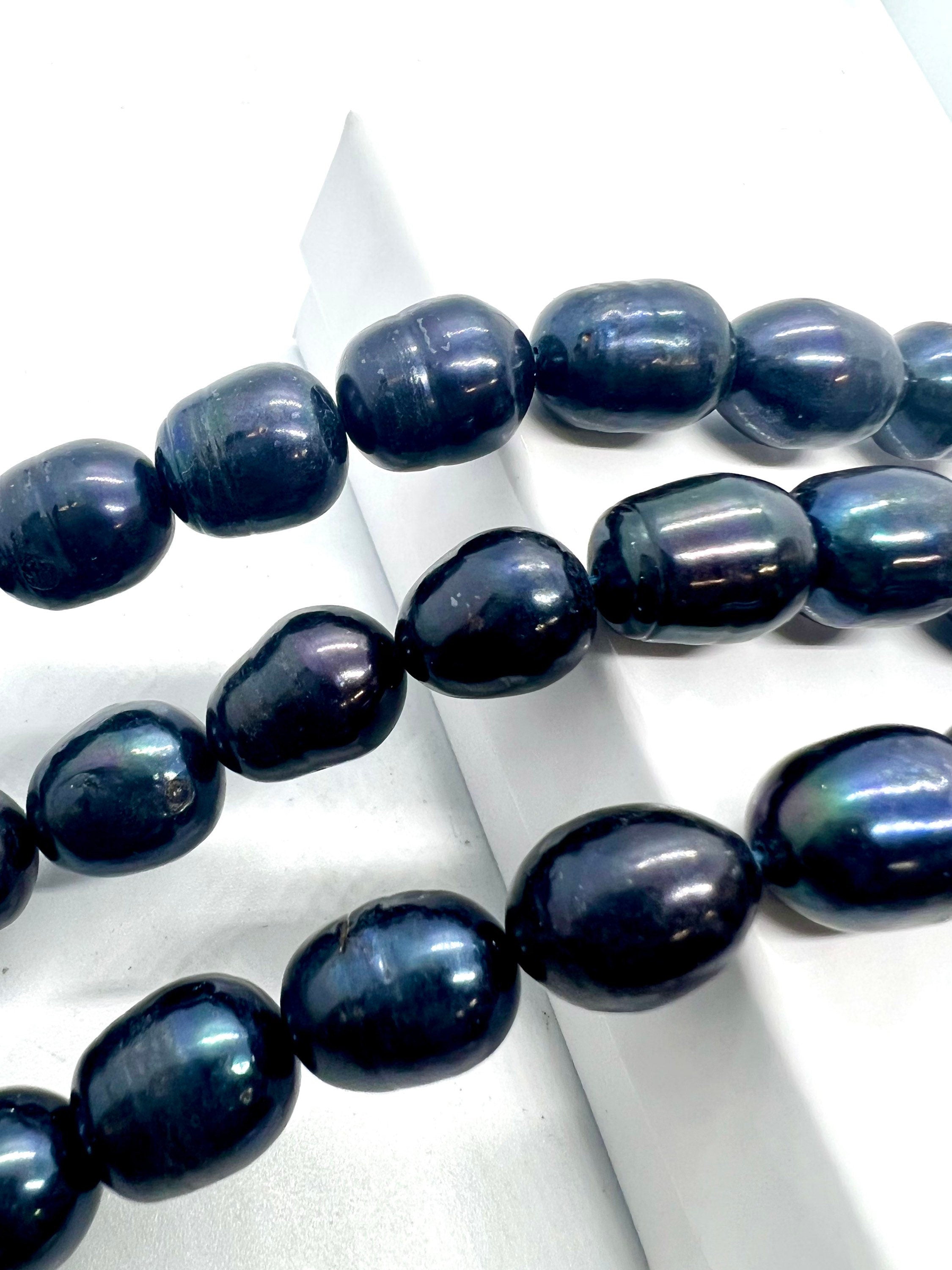 X-Large 10-11mmX13-15mm Rice Baroque Pearl, 15" full strand midnight navy blue color oval Freshwater Pearl beads--26pc #DR3049L NEW Sale