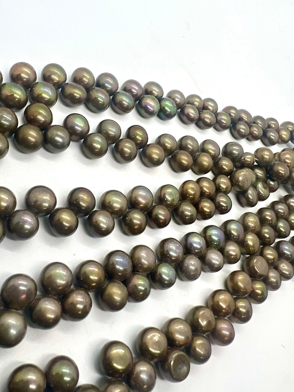 AAA 7mm briolett Top Drilled Dancing Freshwater Pearl, Vintage Olive Green round button pearl beads, half strand 7.5" 25 pc pearl beads