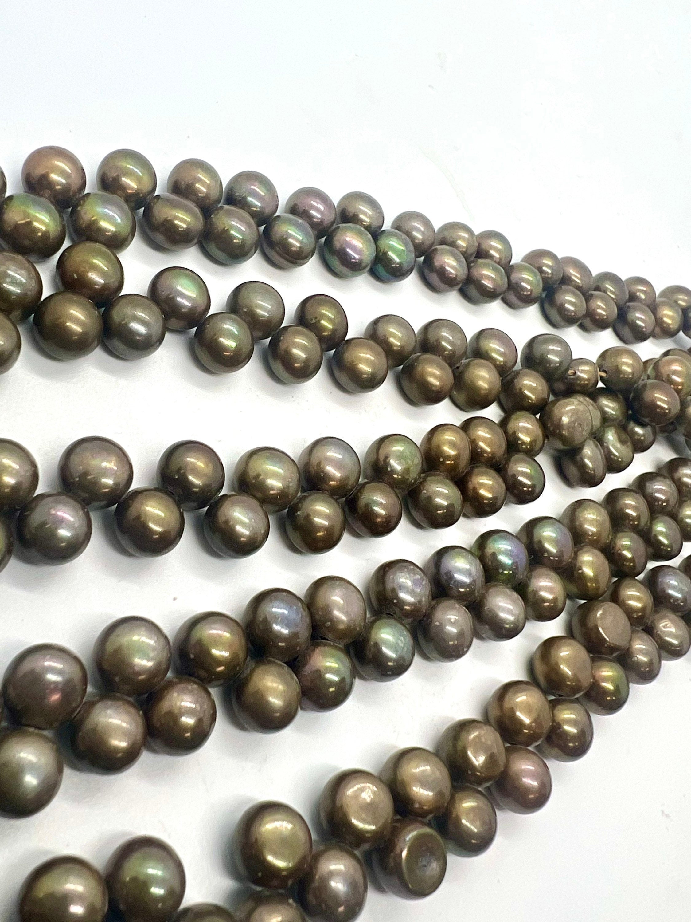 AAA 7mm briolett Top Drilled Dancing Freshwater Pearl, Vintage Olive Green round button pearl beads, half strand 7.5" 25 pc pearl beads