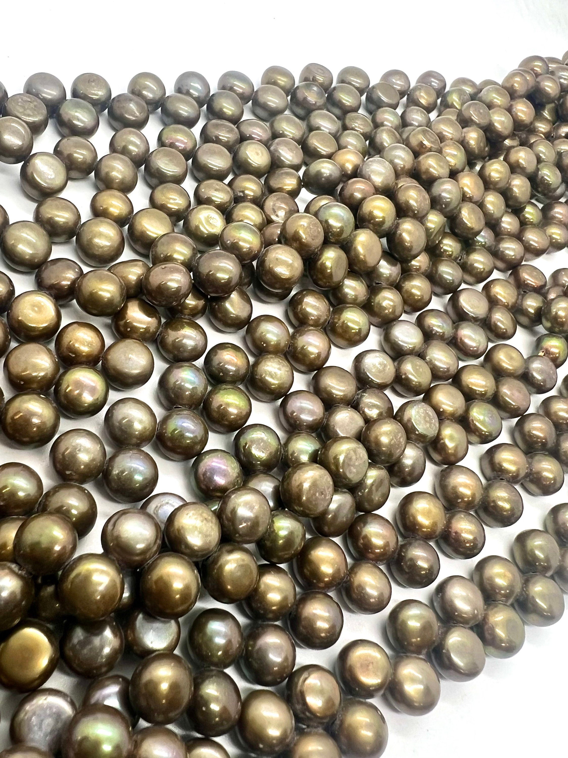 AAA 7mm briolett Top Drilled Dancing Freshwater Pearl, Vintage Olive Green round button pearl beads, half strand 7.5" 25 pc pearl beads