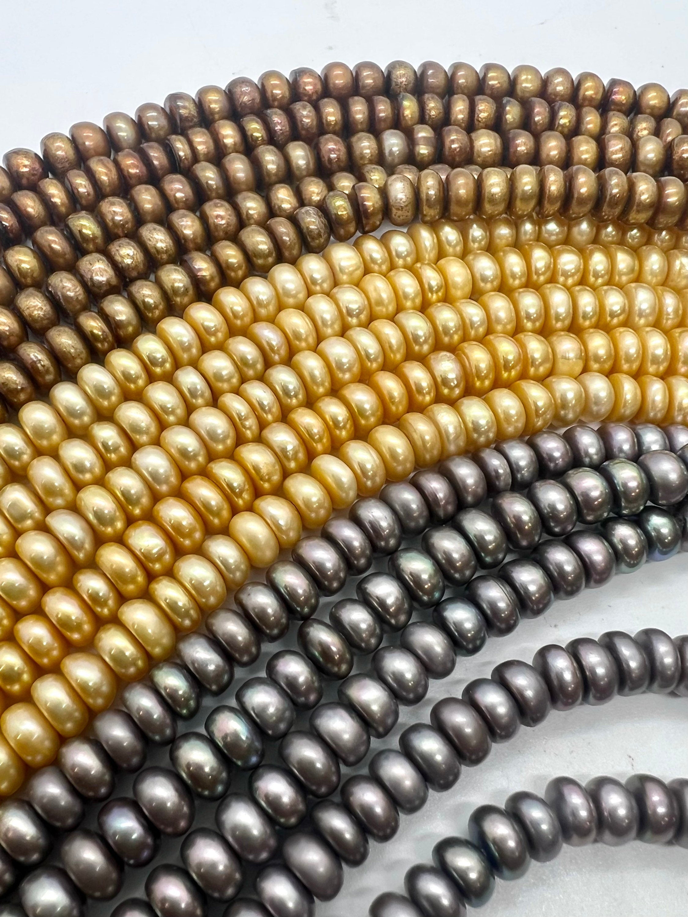 AAA 3.5X6.5mm Roundel button pearl, 15" full strand Freshwater Pearl spacer, 110+ grey golden yellow brown pearl beads, wholesale #CB6066
