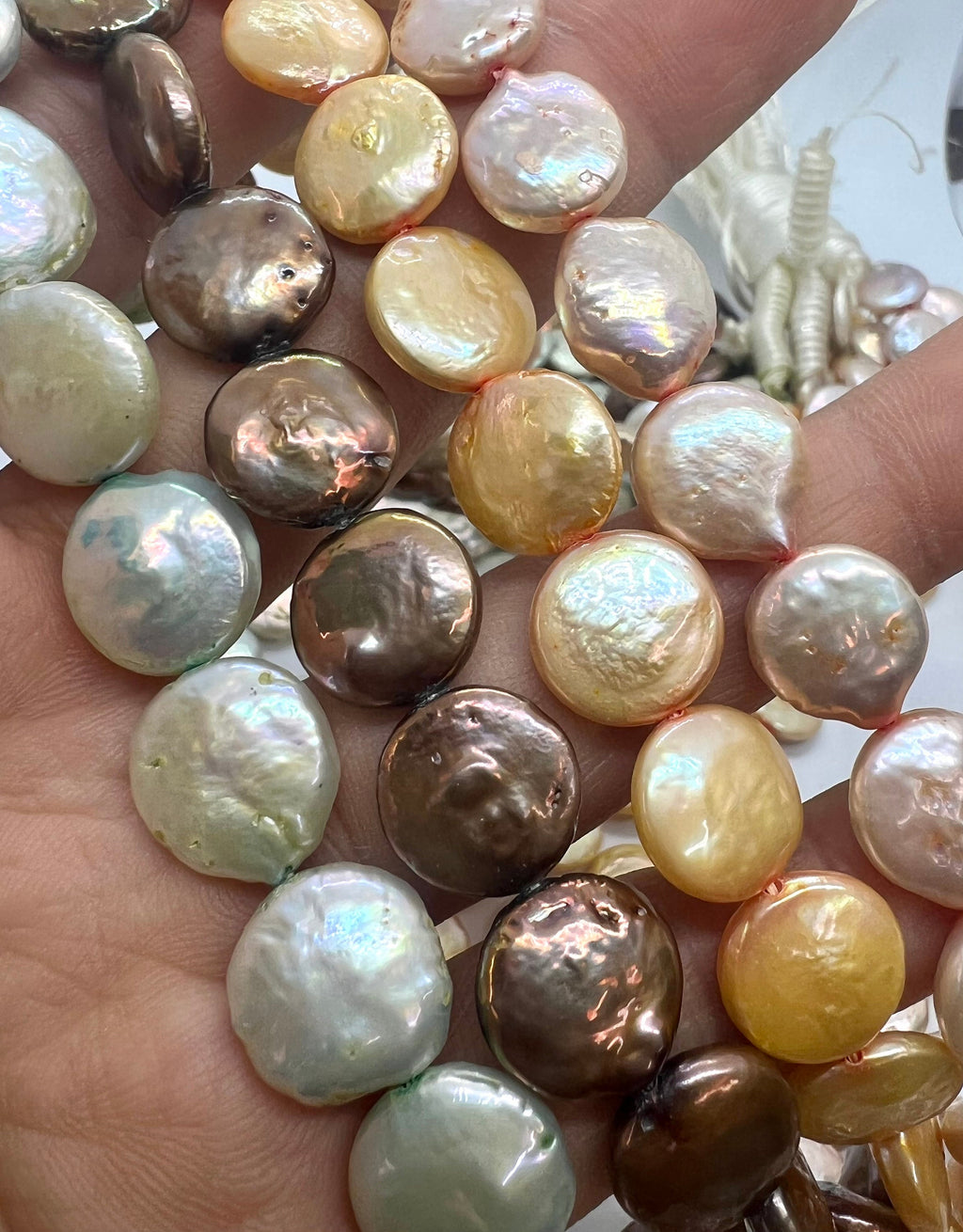 11-12mm A~AA quality Coin pearl, 15" full strand pink brown green Genuine Freshwater Coin Pearl, 30+ Pc loose coin beads NEW arrival KC3034