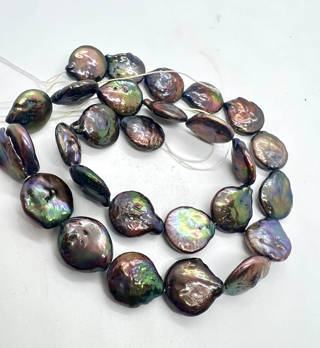 AA 13X16mm Baroque coin Pearl, half strand 7.5" metallic peacock black Coin Freshwater Pearl, 12pc+ luster Briolette Genuine beads NEW SALE