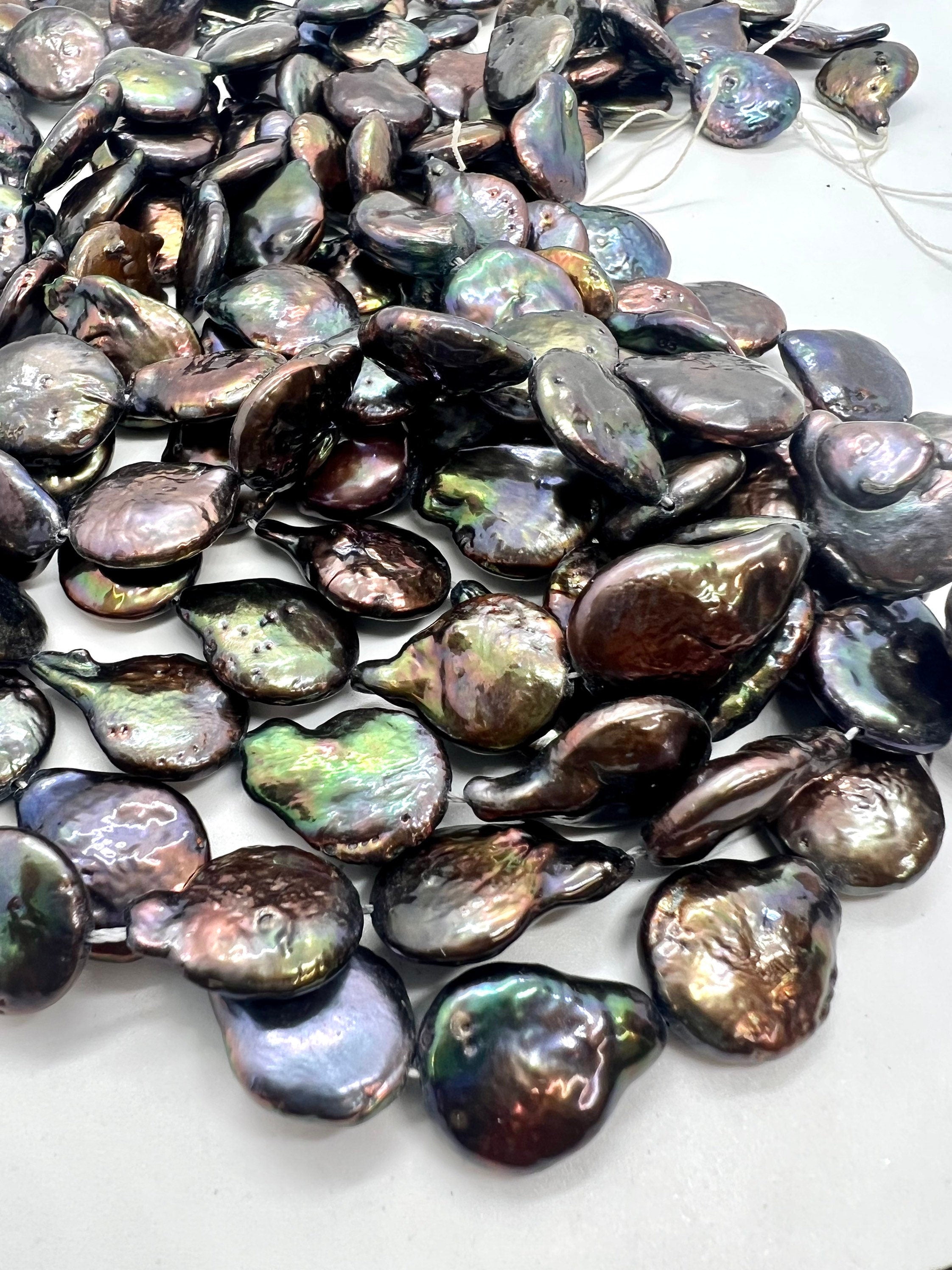 AA 13X16mm Baroque coin Pearl, half strand 7.5" metallic peacock black Coin Freshwater Pearl, 12pc+ luster Briolette Genuine beads NEW SALE