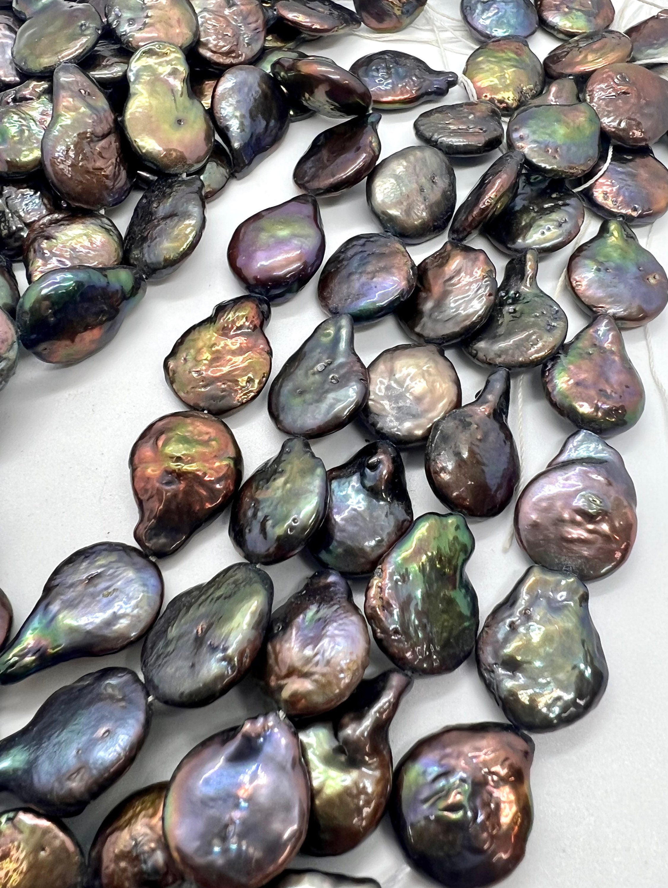 AA 13X16mm Baroque coin Pearl, half strand 7.5" metallic peacock black Coin Freshwater Pearl, 12pc+ luster Briolette Genuine beads NEW SALE