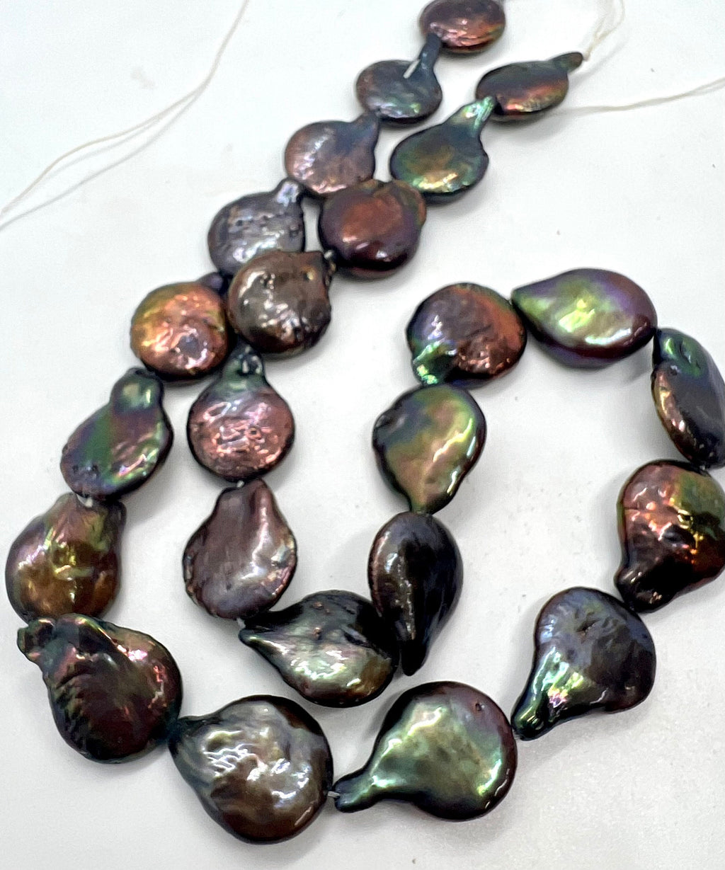 AA 13X16mm Baroque coin Pearl, half strand 7.5" metallic peacock black Coin Freshwater Pearl, 12pc+ luster Briolette Genuine beads NEW SALE