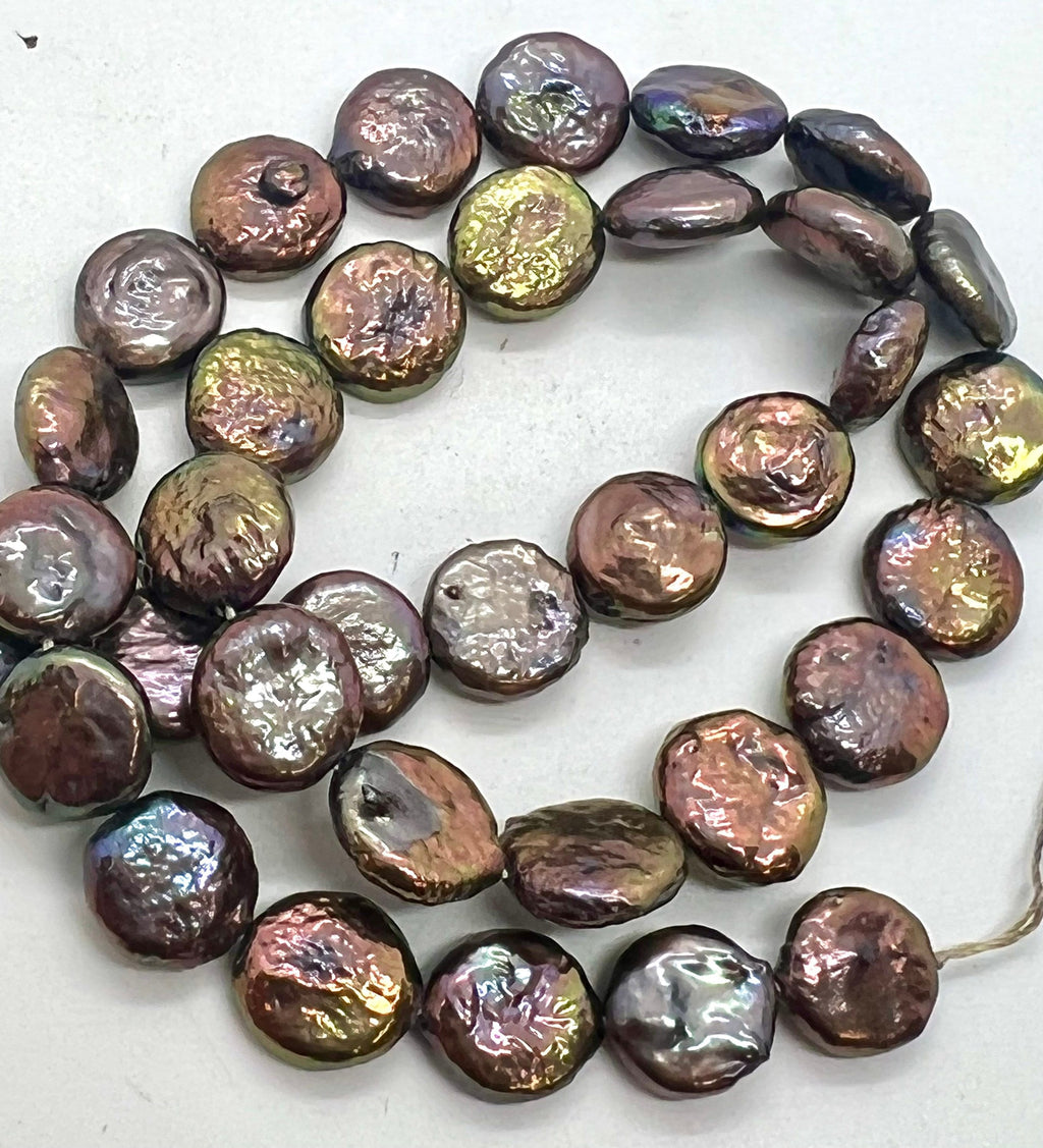 AA 10-11mm metallic Coin pearl, half strand Metallic peacock black blue Freshwater coin Pearl, stunning baroque coin pearl NEW Sale #KC3037