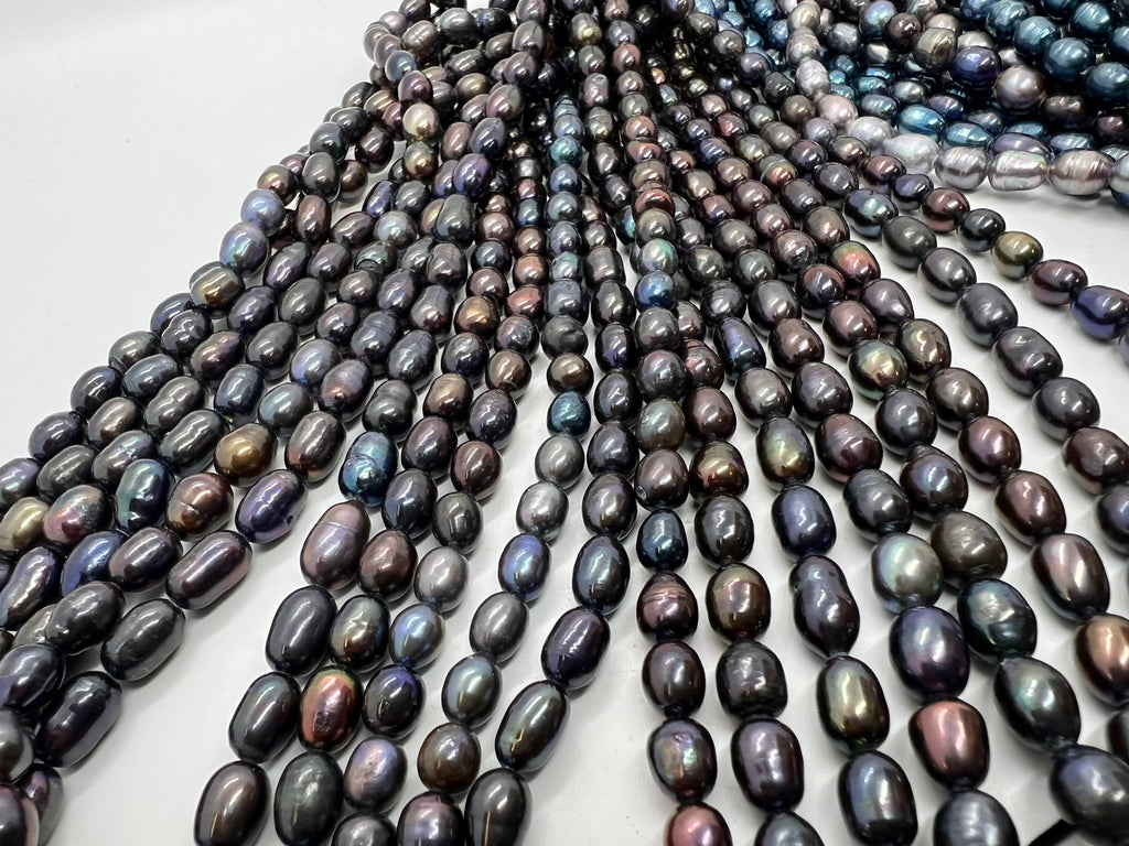 6mmX 7-9mm Rice Baroque Pearl Freshwater Pearl metallic peacock black color oval pearl beads, 15" full strand 40+pc #DR3050 NEW Sale
