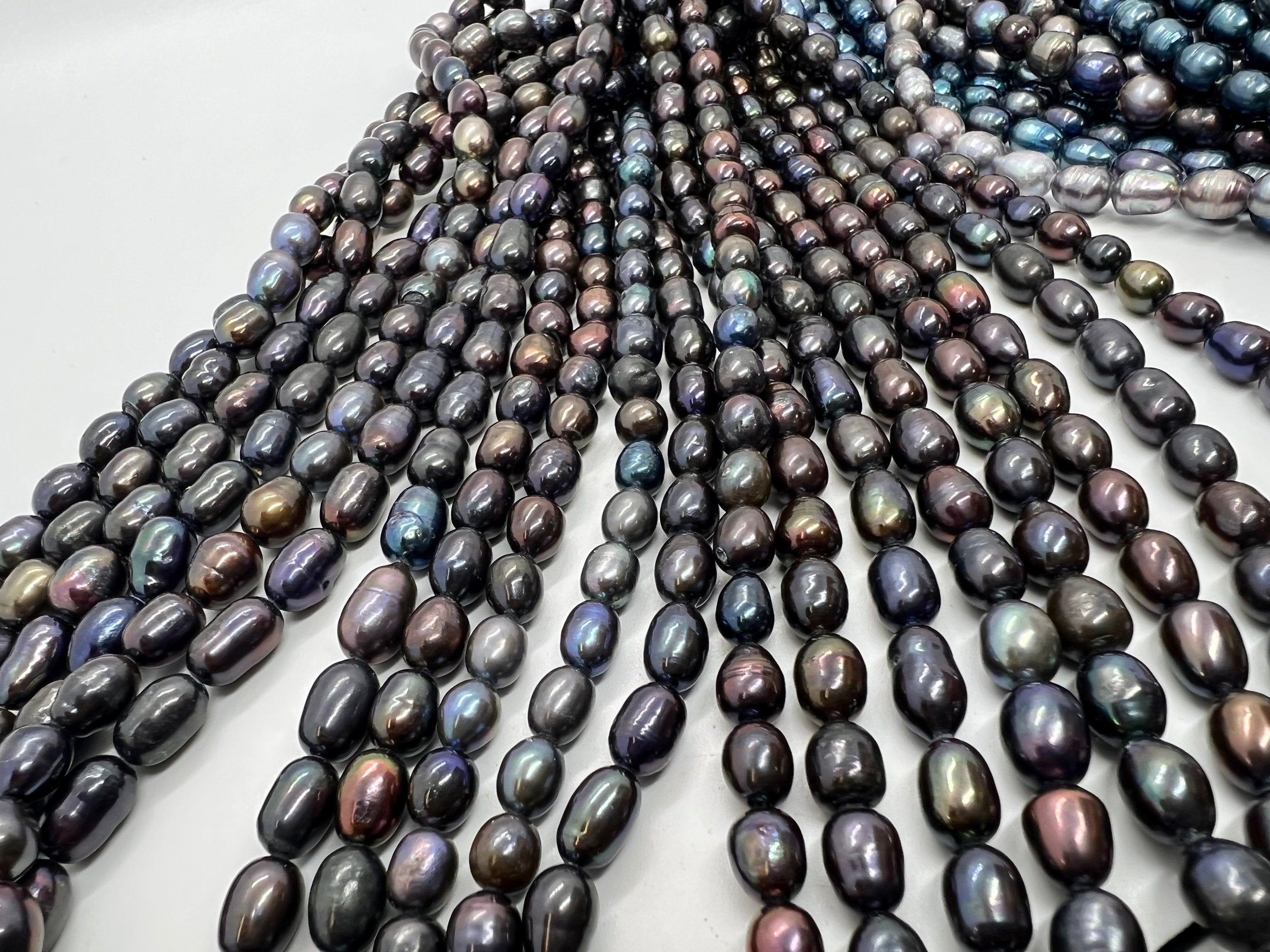 6mmX 7-9mm Rice Baroque Pearl Freshwater Pearl metallic peacock black color oval pearl beads, 15" full strand 40+pc #DR3050 NEW Sale