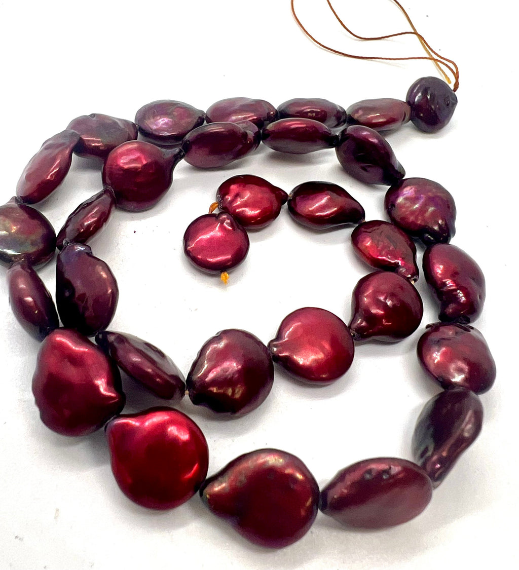 AA+ 11X14mm Baroque coin Pearl, half strand 7.5" burgundy red Coin Freshwater Pearl, 14pc+ luster Briolette Genuine beads NEW Sale #KC3038