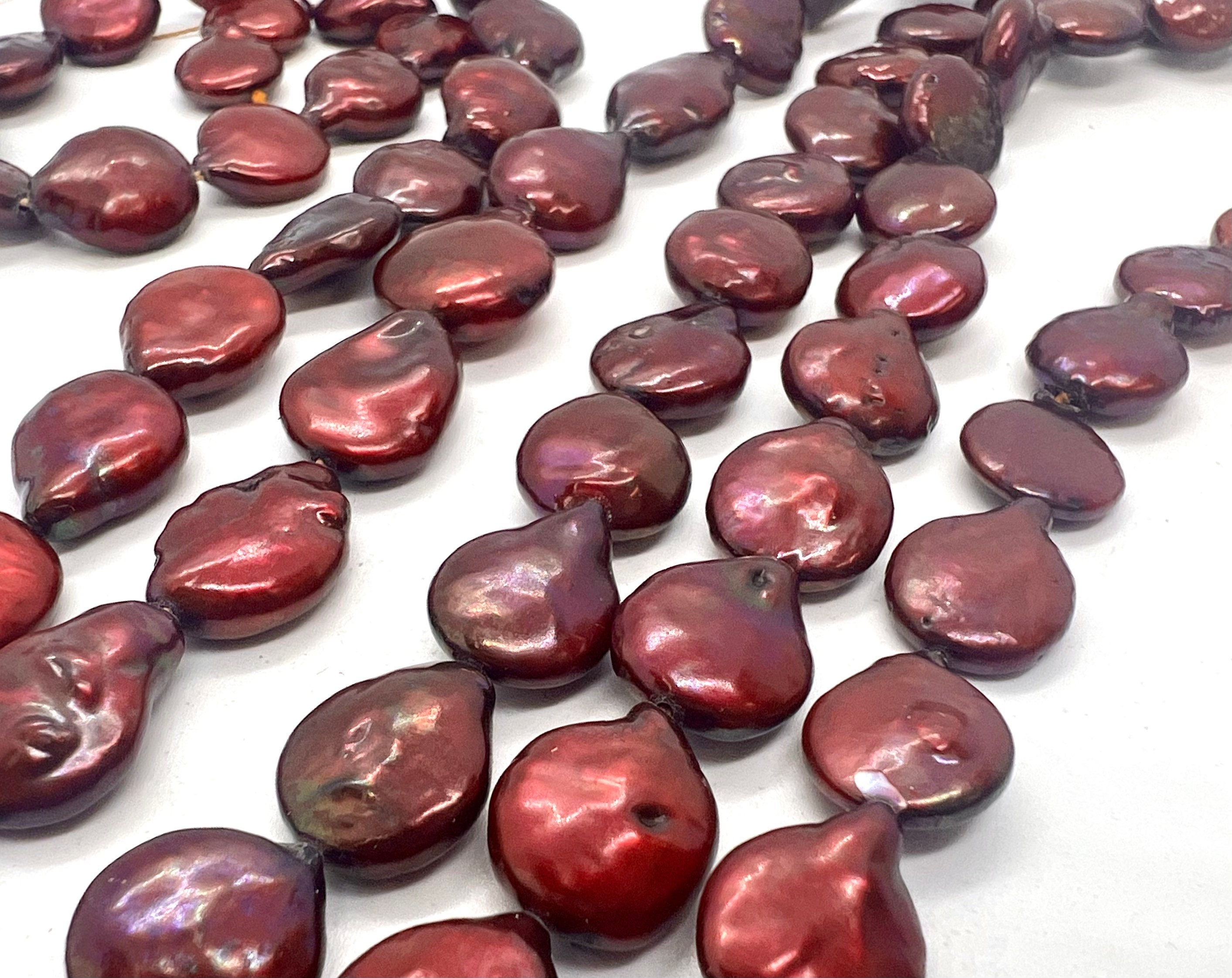 AA+ 11X14mm Baroque coin Pearl, half strand 7.5" burgundy red Coin Freshwater Pearl, 14pc+ luster Briolette Genuine beads NEW Sale #KC3038