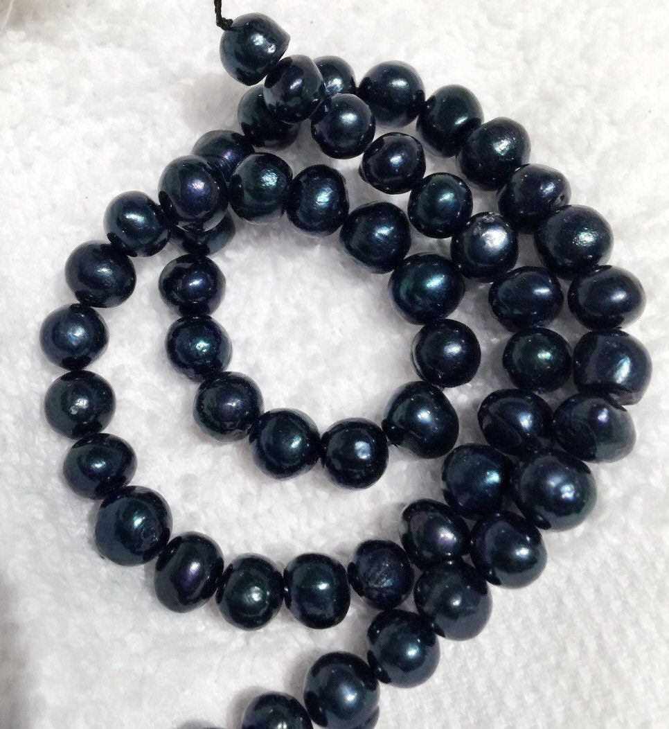 AA+ 7-8mm 15" Full Strand Freshwater Pearl, round potato Midnight Navy Blue pearl 55pc beads  #RS2052