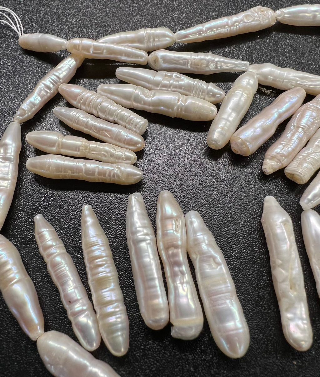Rare 2Pc, 28-33mm X6-8mm long stick Biwa Pearl Beads, skinny Ivory White baroque biwa stick, through drill, Imperfect Beauty #KC5046 New