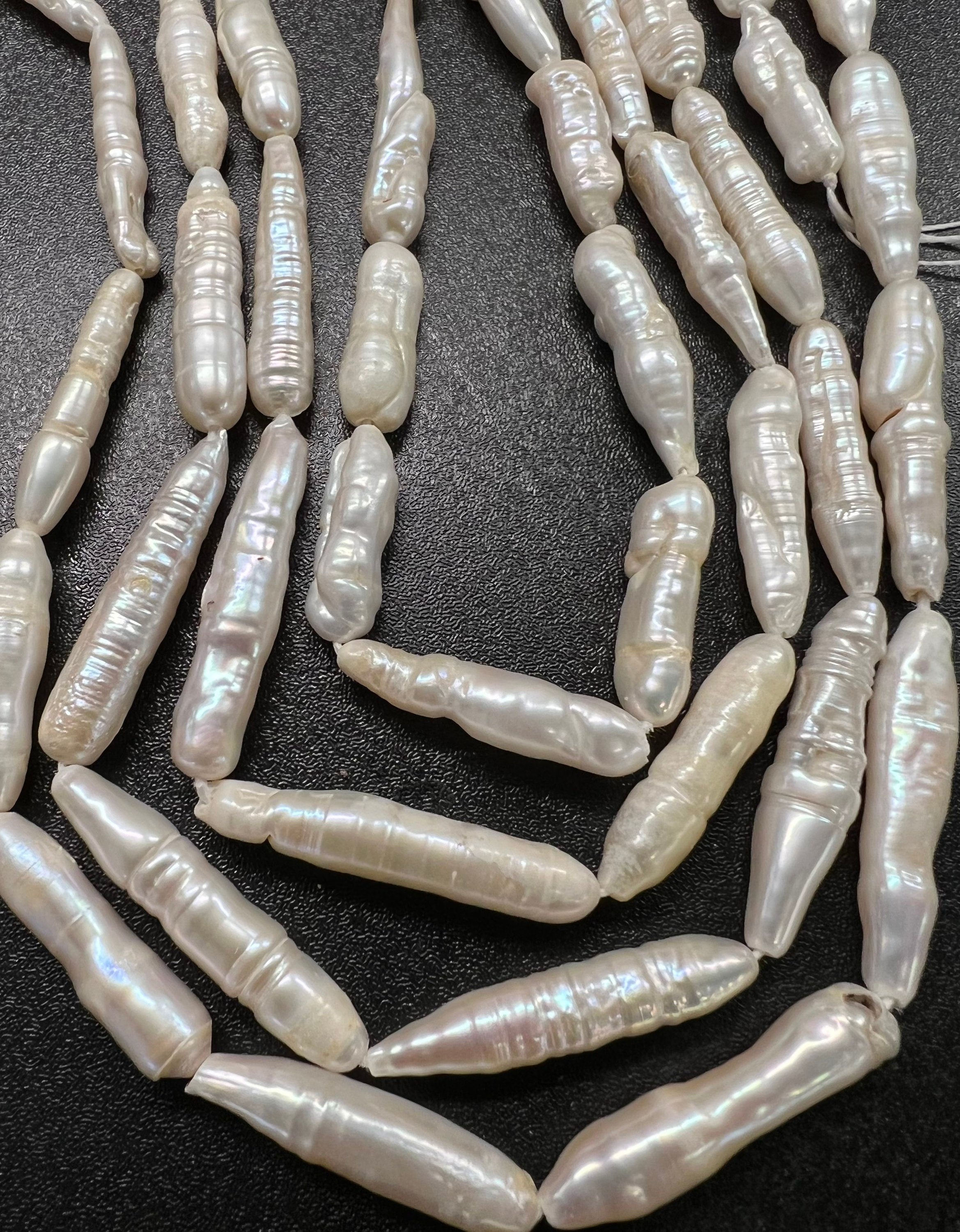 Rare 2Pc, 28-33mm X6-8mm long stick Biwa Pearl Beads, skinny Ivory White baroque biwa stick, through drill, Imperfect Beauty #KC5046 New