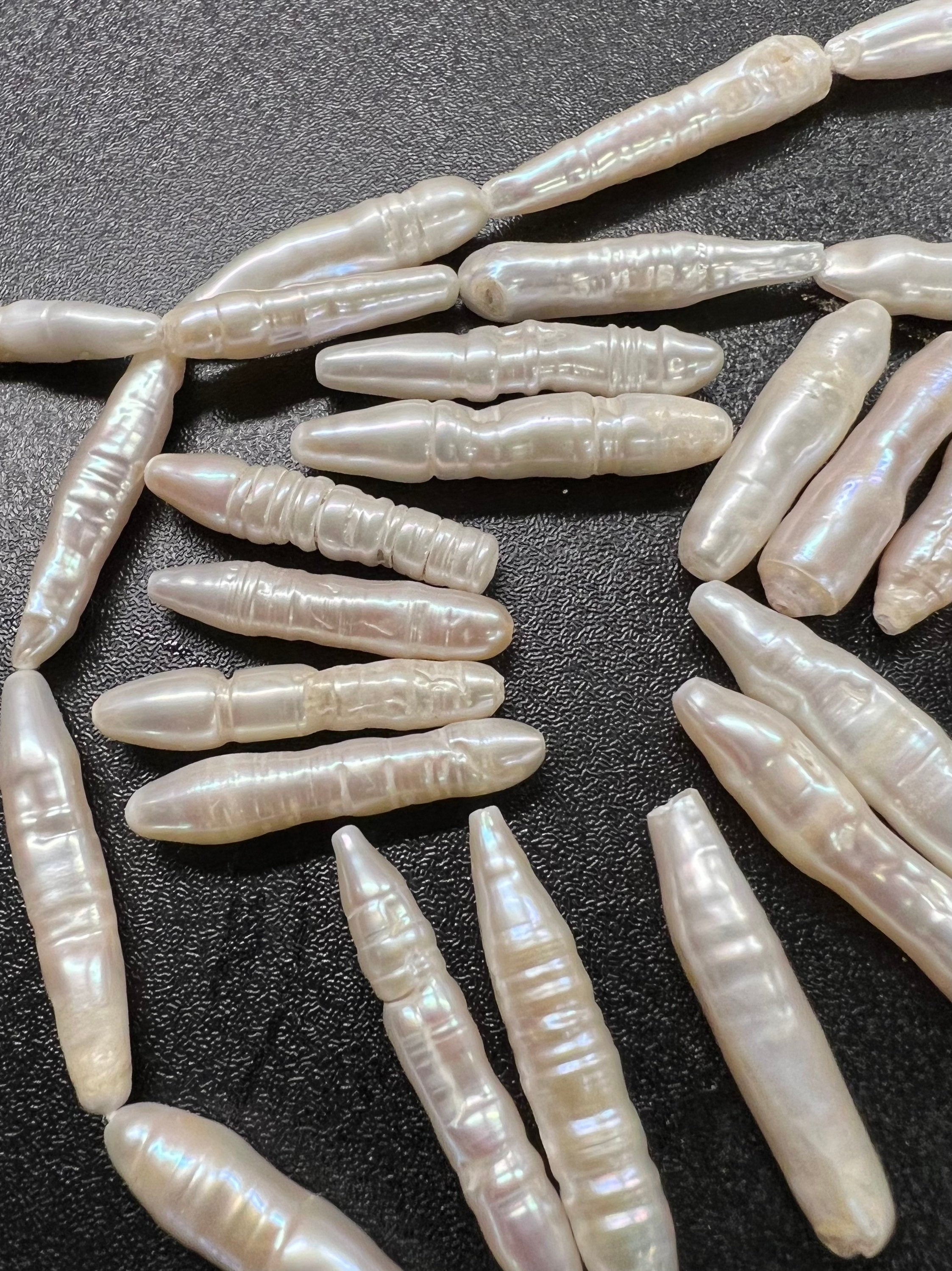 Rare 2Pc, 28-33mm X6-8mm long stick Biwa Pearl Beads, skinny Ivory White baroque biwa stick, through drill, Imperfect Beauty #KC5046 New