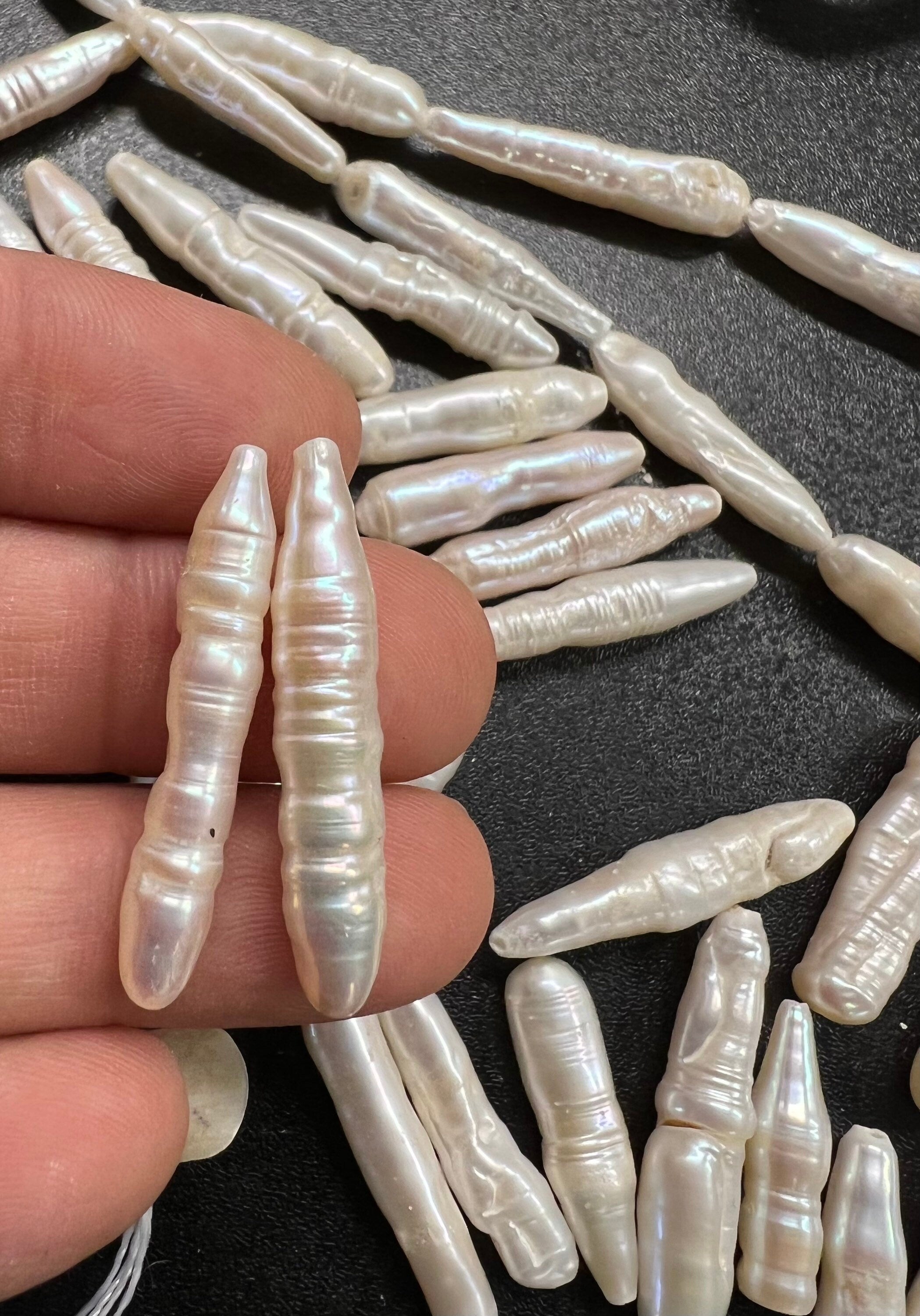 Rare 2Pc, 28-33mm X6-8mm long stick Biwa Pearl Beads, skinny Ivory White baroque biwa stick, through drill, Imperfect Beauty #KC5046 New