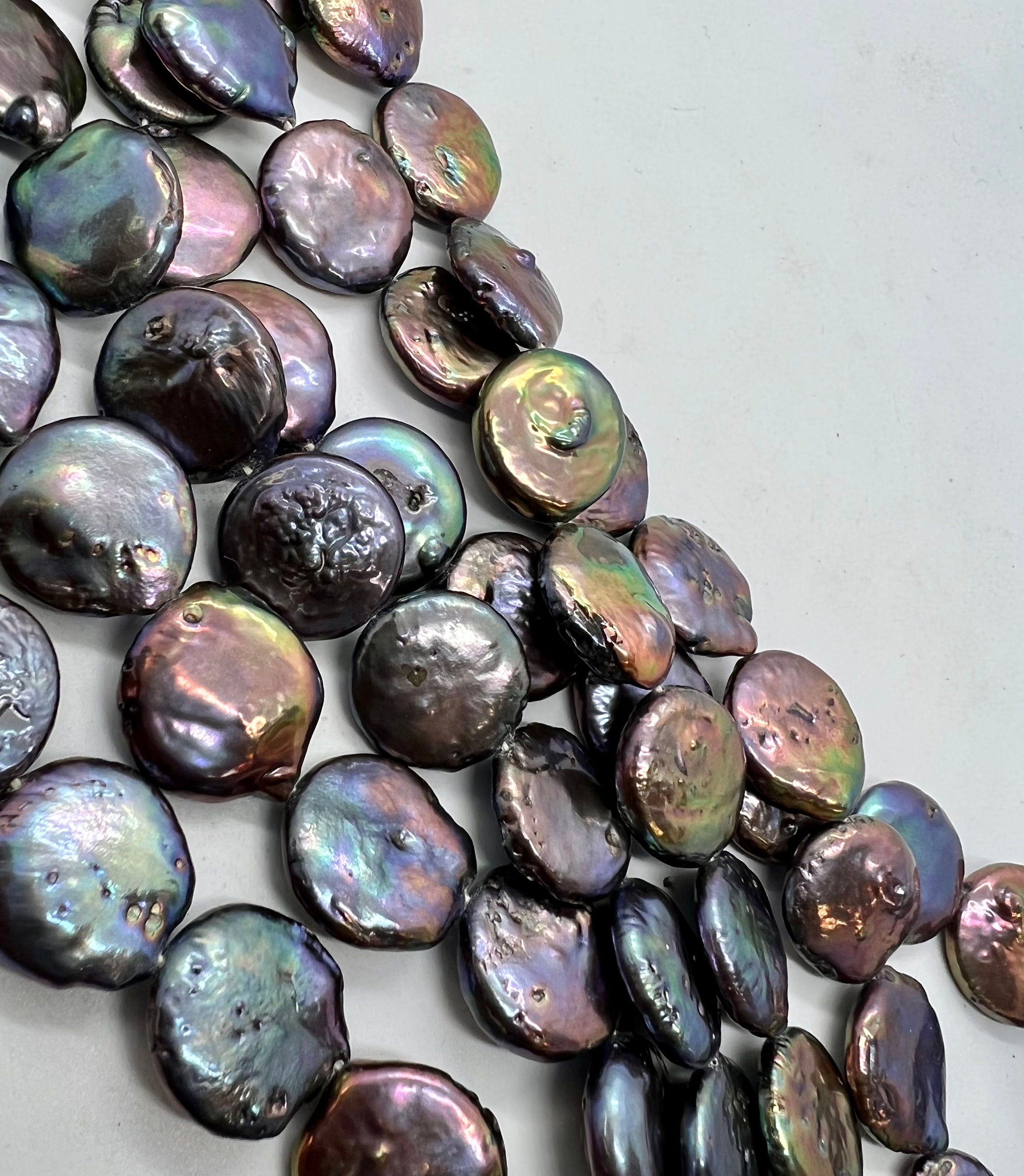 A~AA Large 16-17mm Coin Pearl, 15" full strand 22pc or 6pc short strand, Rainbow Peacock blue metallic tone Genuine coin pearl, KC3038