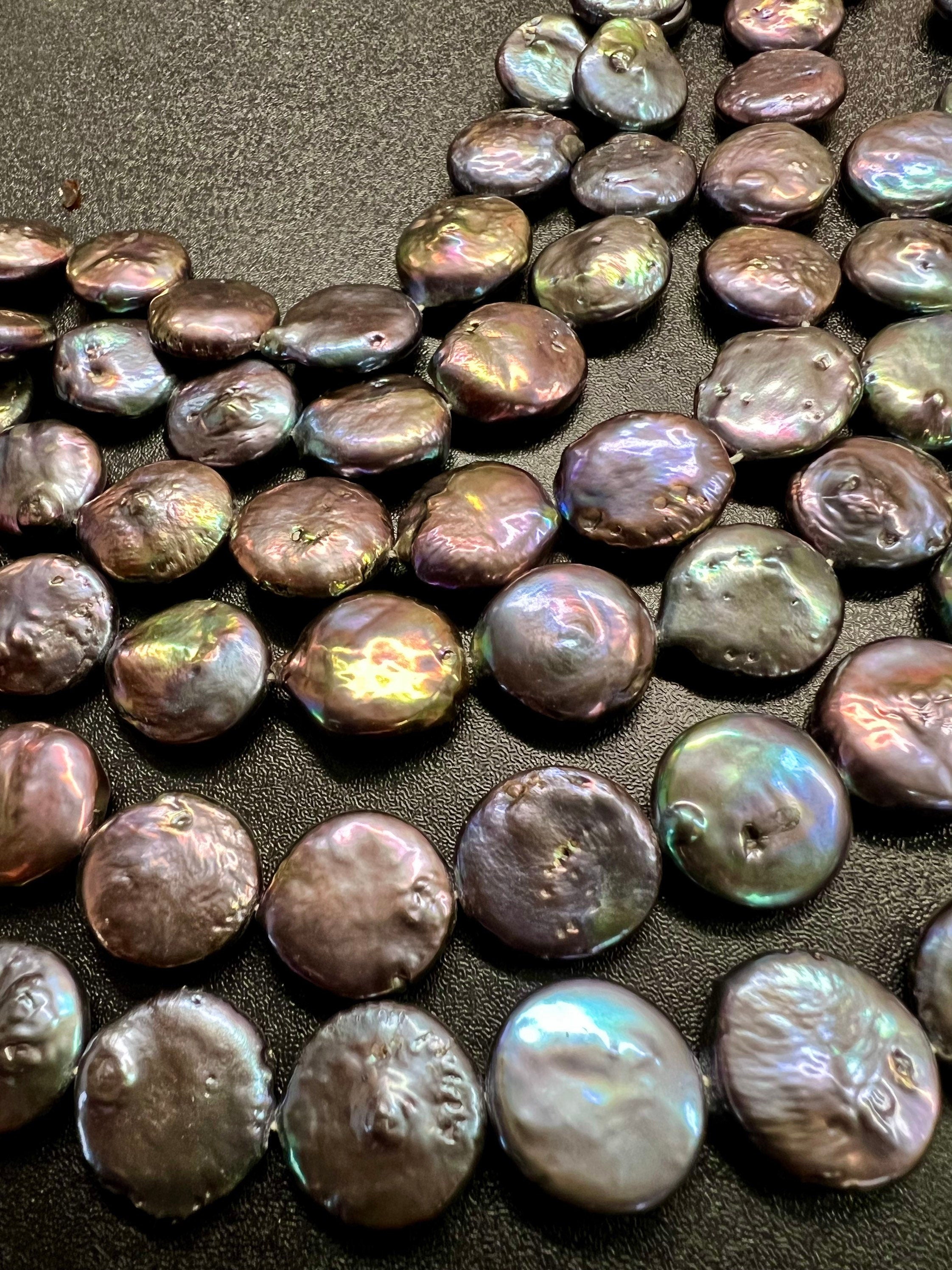 A~AA Large 16-17mm Coin Pearl, 15" full strand 22pc or 6pc short strand, Rainbow Peacock blue metallic tone Genuine coin pearl, KC3038