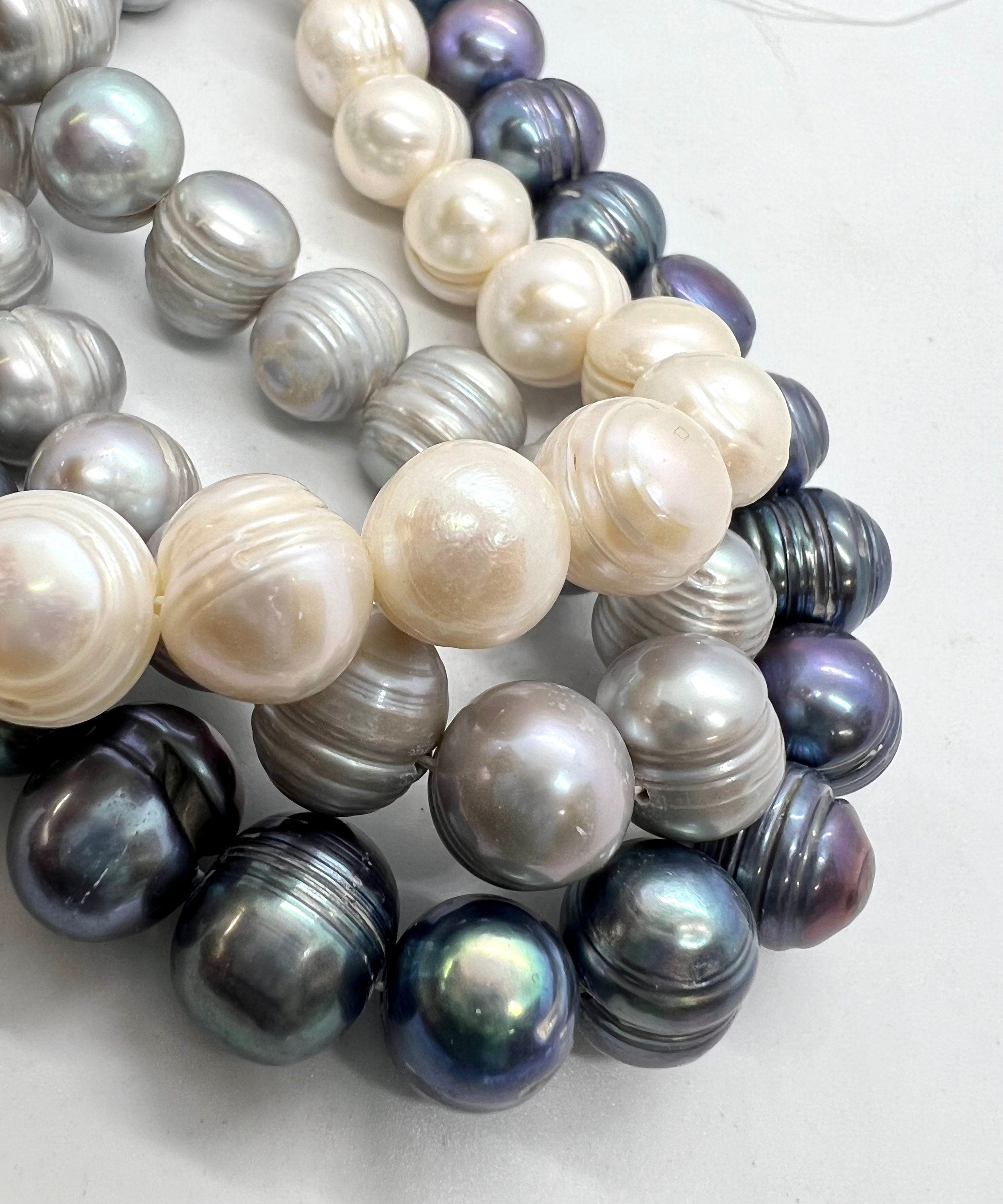 10mm Round Baroque Pearl, 14-15" full strand Ivory white peacock blue silver grey big round off freshwater pearl, 40+ pc pearl beads sale