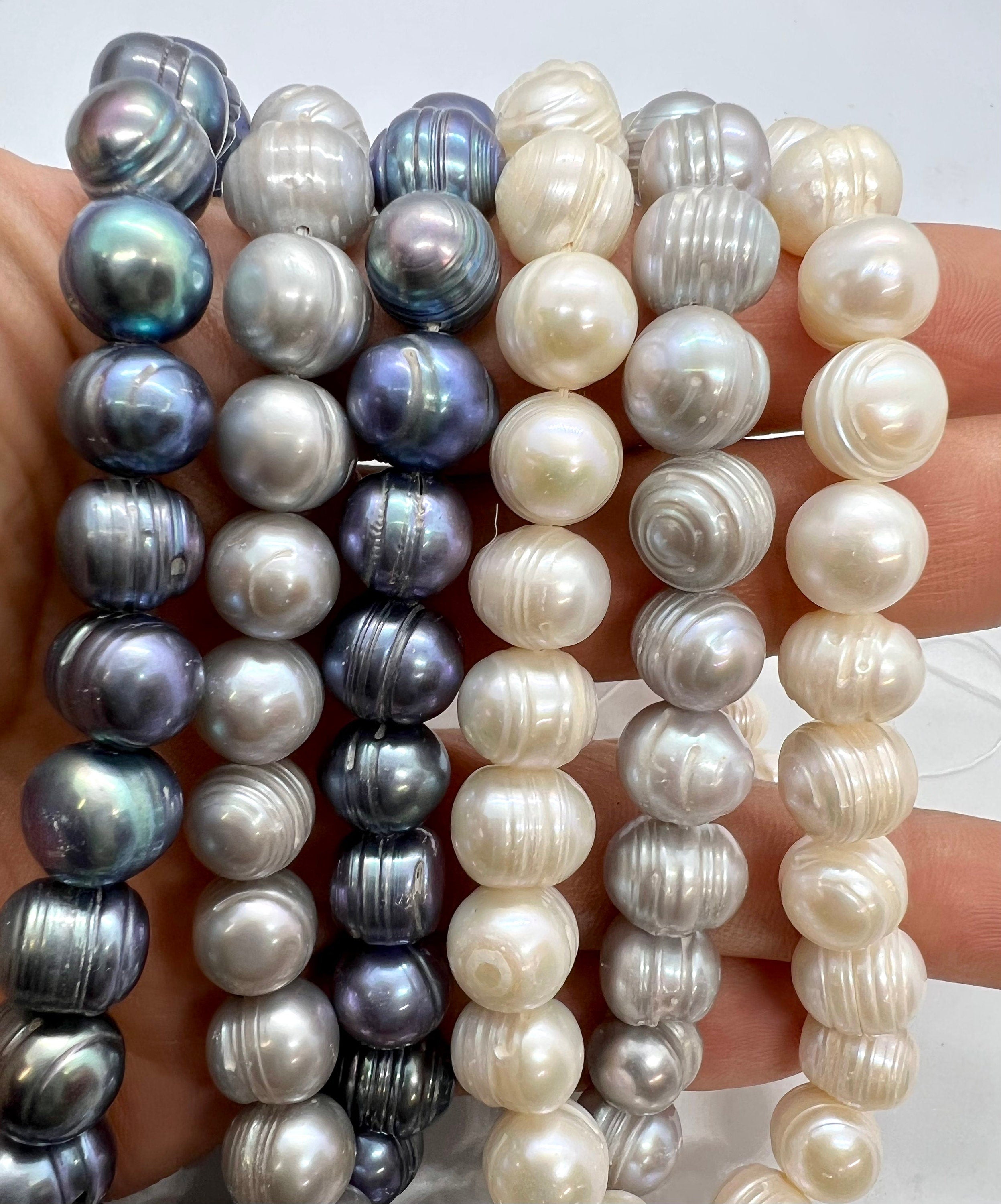 10mm Round Baroque Pearl, 14-15" full strand Ivory white peacock blue silver grey big round off freshwater pearl, 40+ pc pearl beads sale