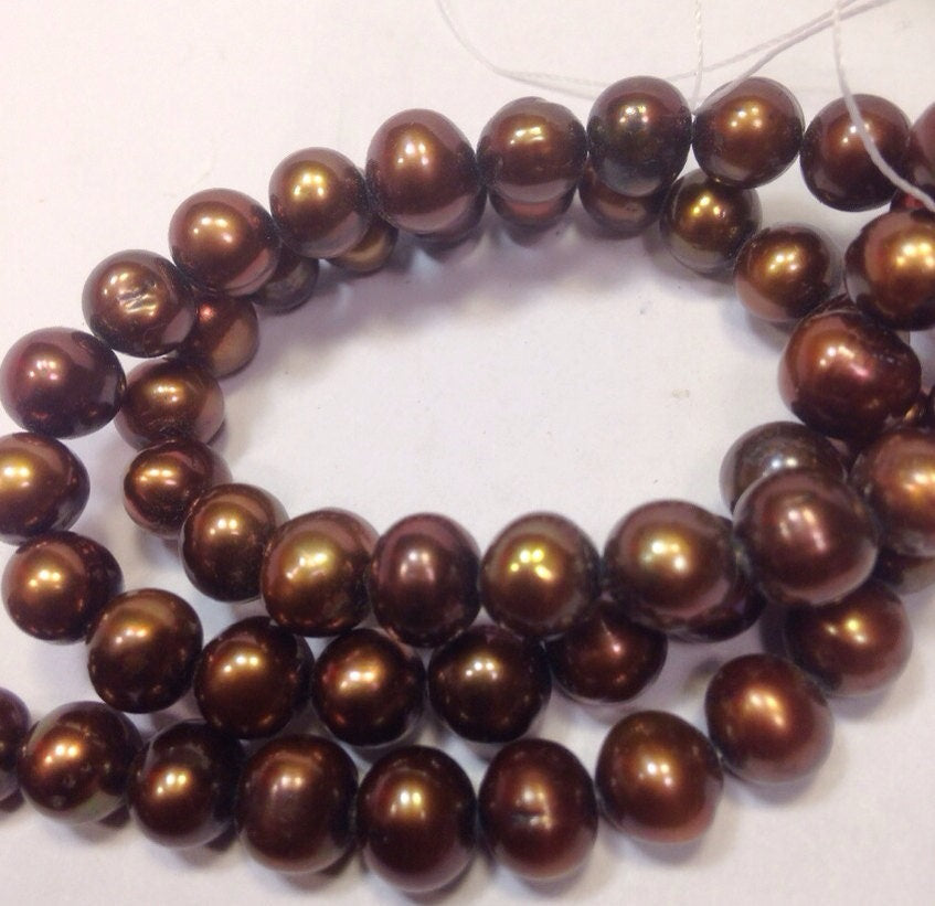 7-8mm AA stunning Dark brown round potato pearl Freshwater Pearl --full strand chocolate pearl 15" 56+ pcs #RS2042