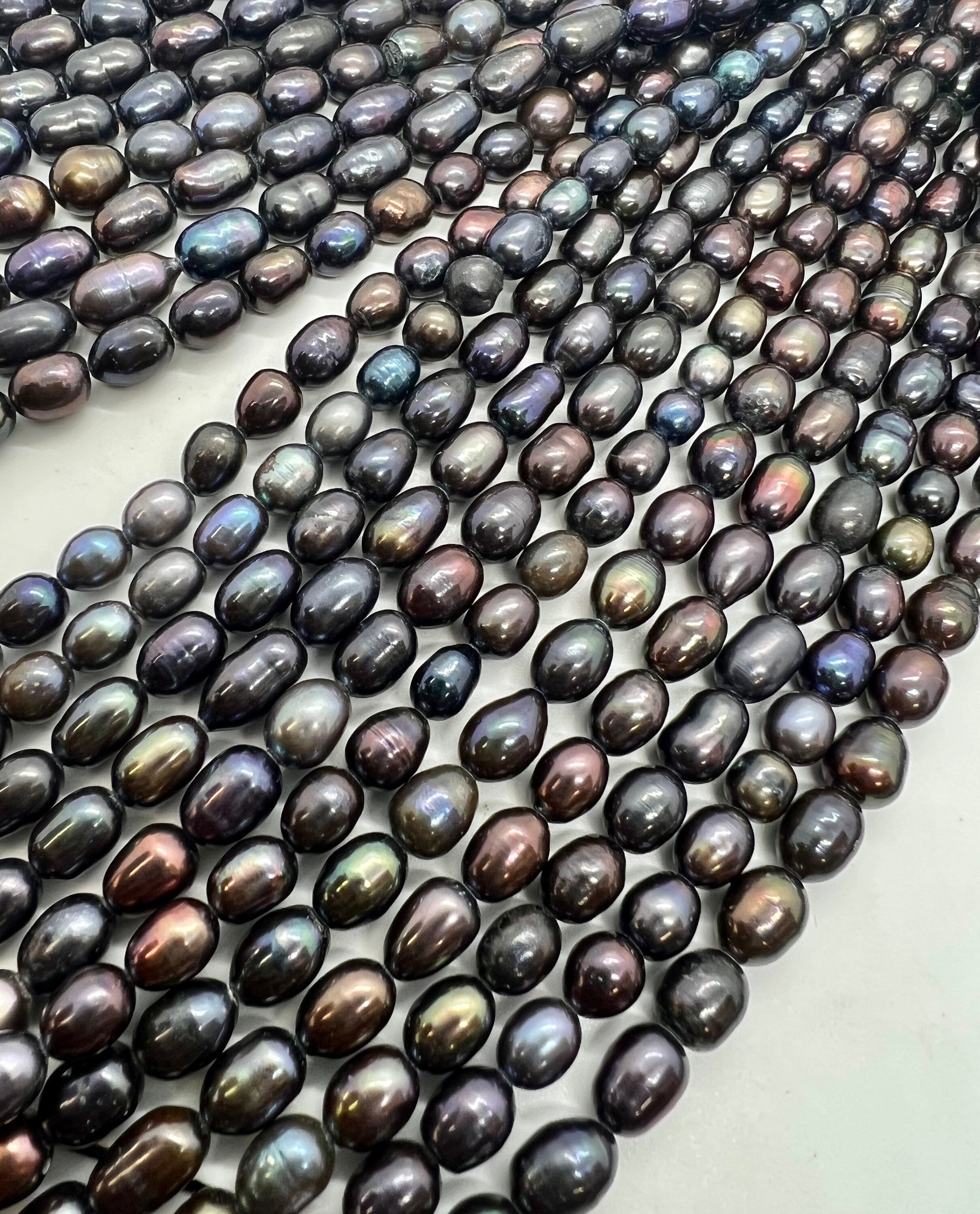 6mmX 7-9mm Rice Baroque Pearl Freshwater Pearl metallic peacock black color oval pearl beads, 15" full strand 40+pc #DR3050 NEW Sale