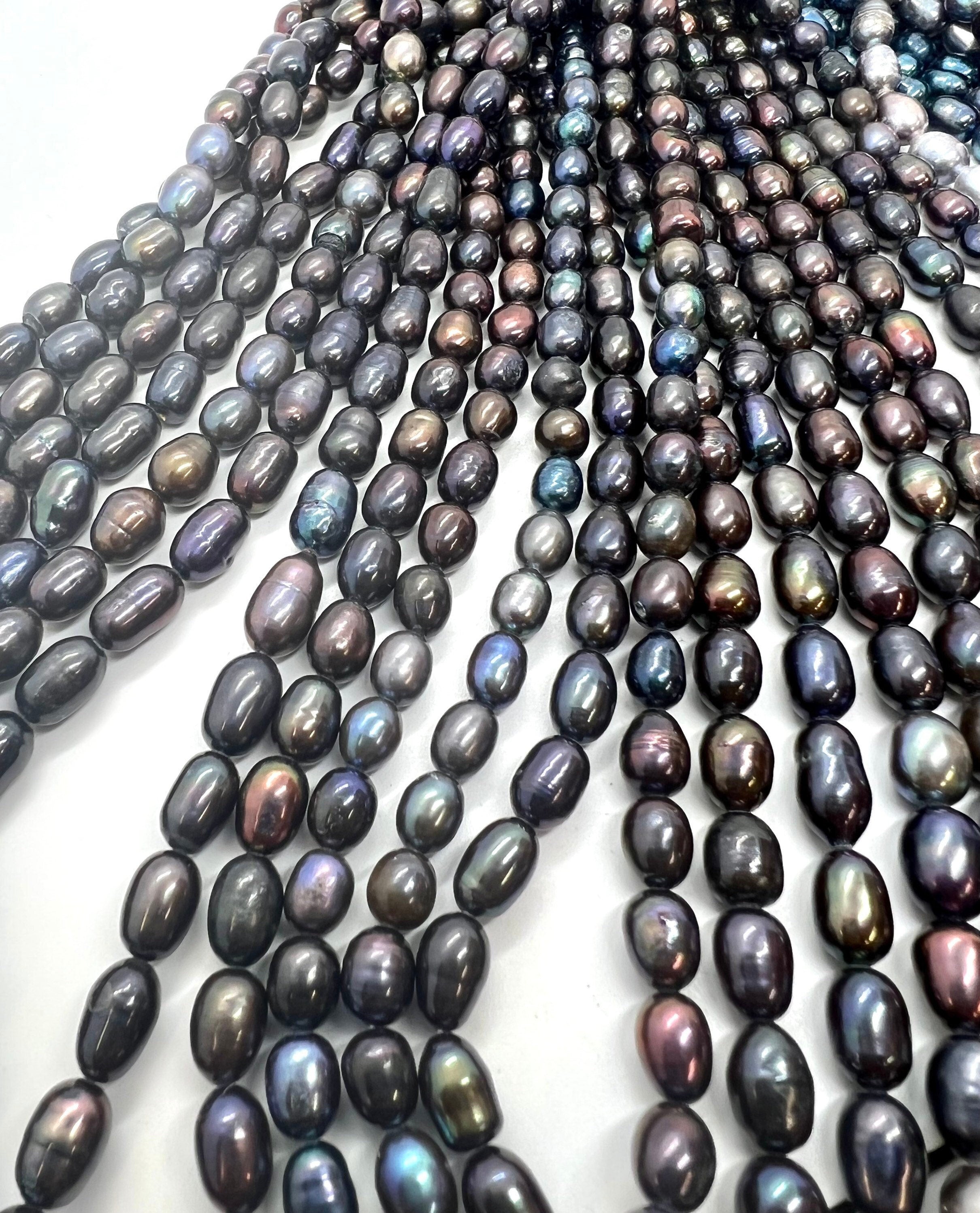 6mmX 7-9mm Rice Baroque Pearl Freshwater Pearl metallic peacock black color oval pearl beads, 15" full strand 40+pc #DR3050 NEW Sale