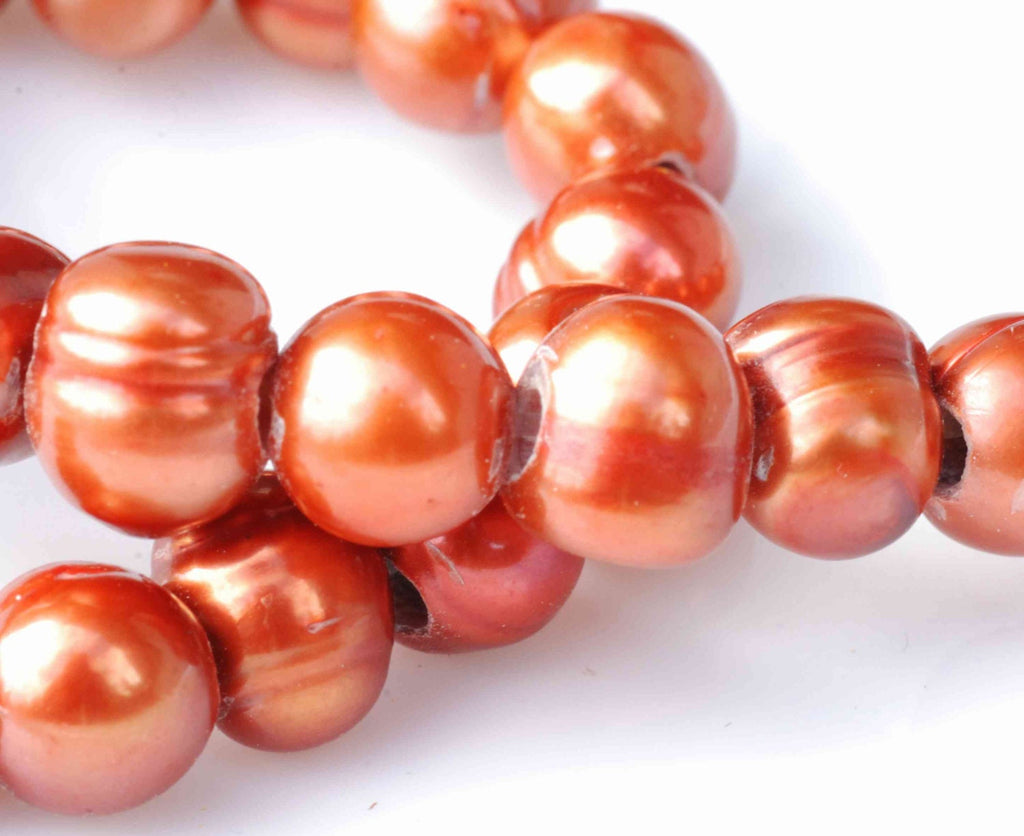 Large Hole Pearl Round Pearl Baroque Pearl Freshwater Pearl rust brown red 9-10mm with 3mm hole---8" half strand 23 pieces