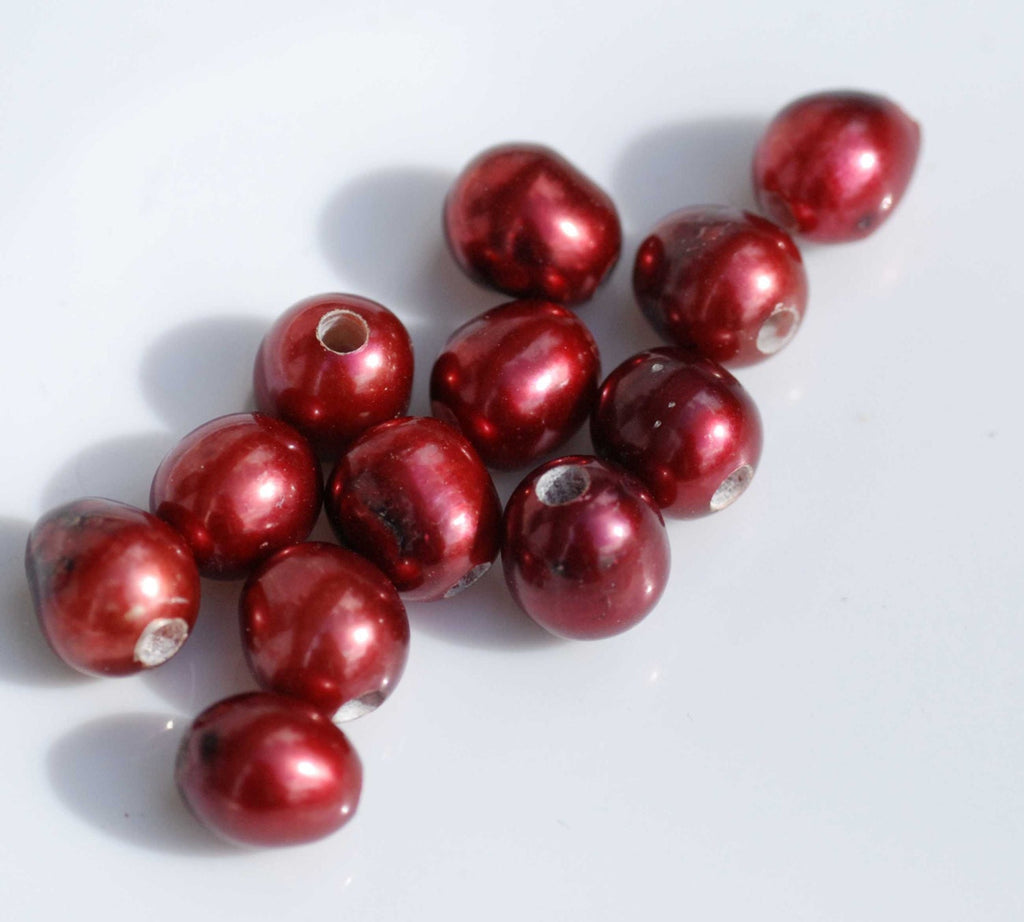 Large Hole Pearl Rice Pearl Nugget Pearl Freshwater Pearl Bright Red Burgundy 9mm X 10mm 10 Pieces 2.5mm Hole, wholesale pearl #LH8056