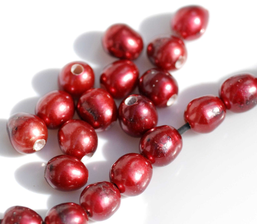 Large Hole Pearl Rice Pearl Nugget Pearl Freshwater Pearl Bright Red Burgundy 9mm X 10mm 10 Pieces 2.5mm Hole, wholesale pearl #LH8056