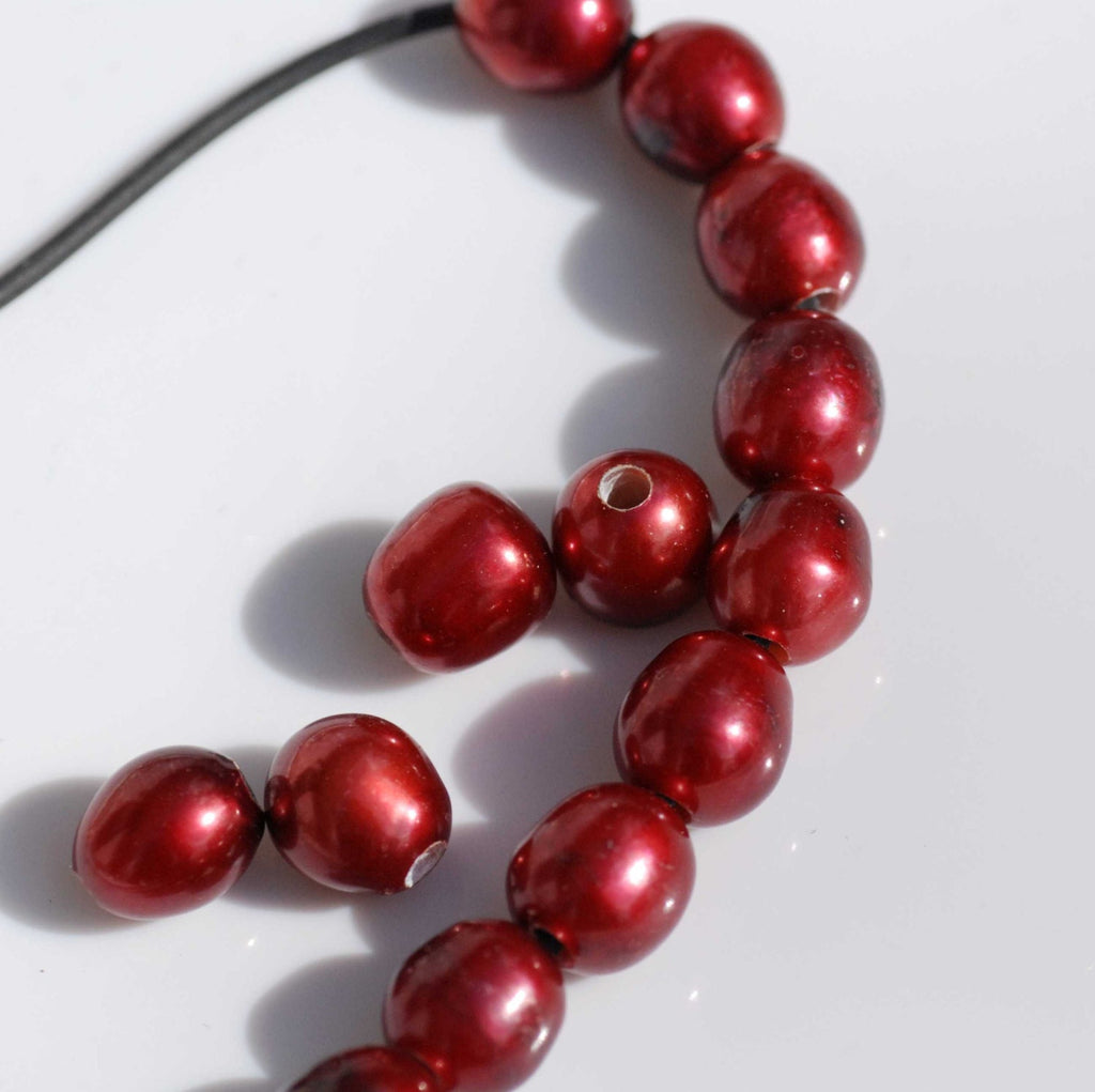Large Hole Pearl Rice Pearl Nugget Pearl Freshwater Pearl Bright Red Burgundy 9mm X 10mm 10 Pieces 2.5mm Hole, wholesale pearl #LH8056