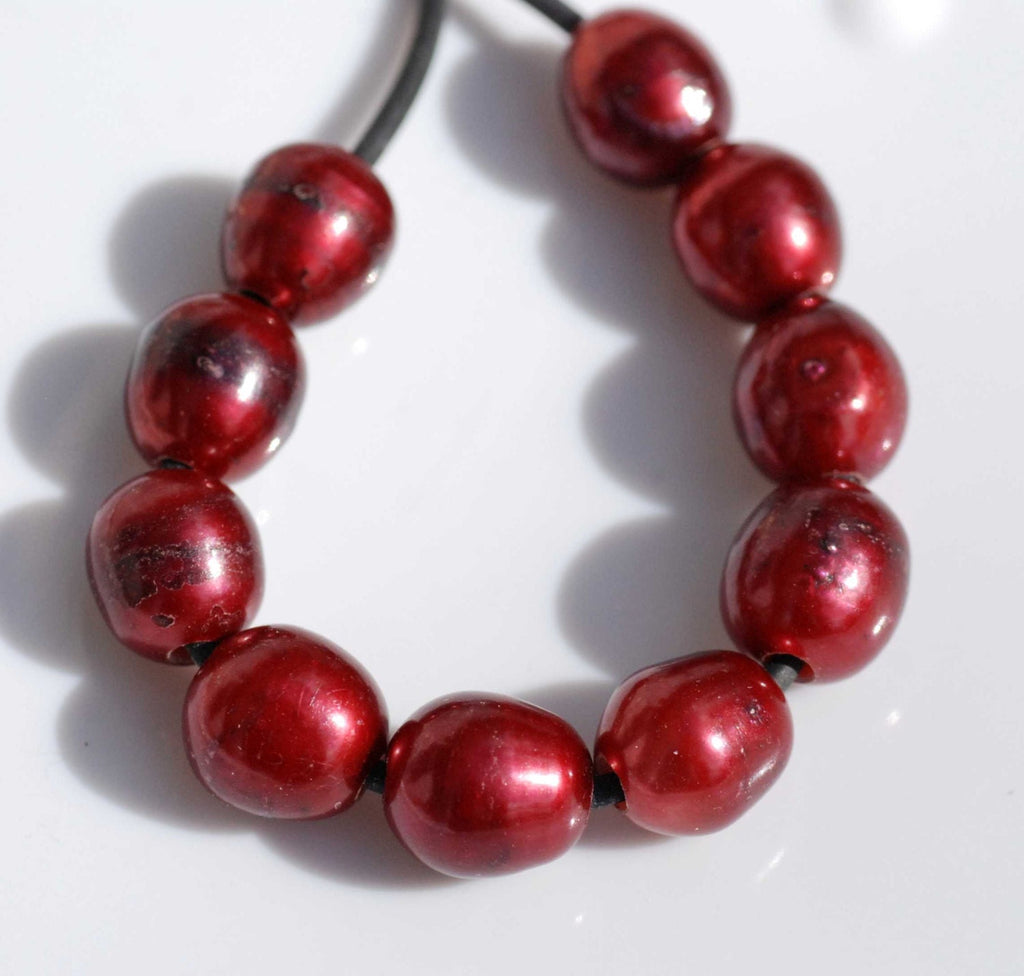 Large Hole Pearl Rice Pearl Nugget Pearl Freshwater Pearl Bright Red Burgundy 9mm X 10mm 10 Pieces 2.5mm Hole, wholesale pearl #LH8056