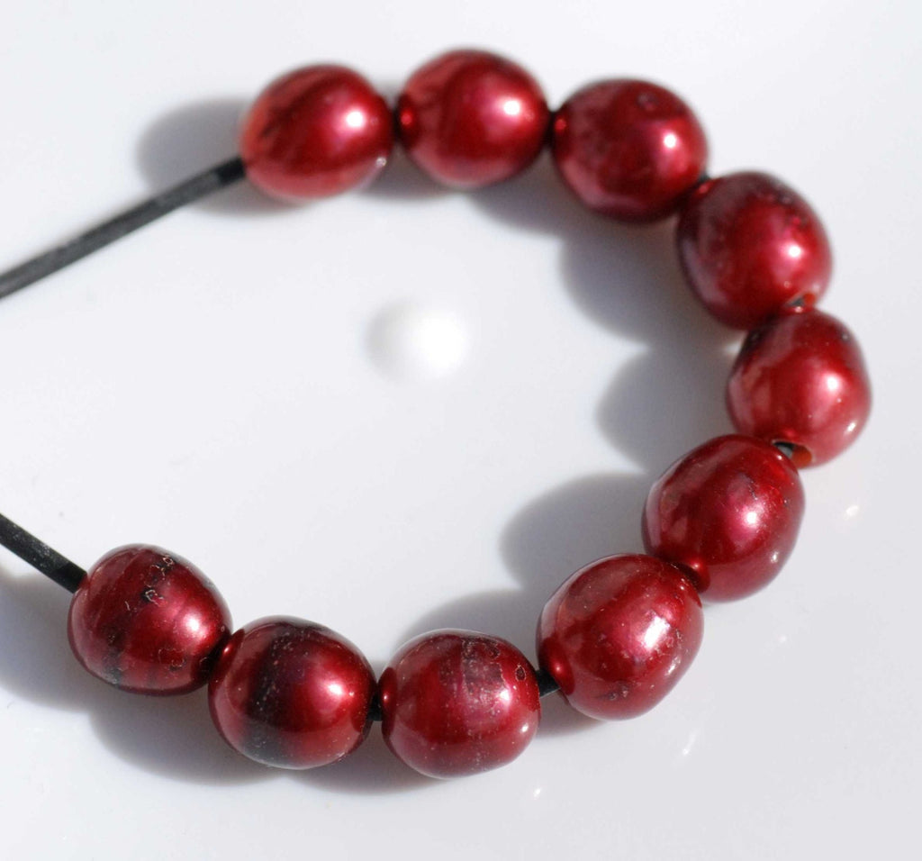 Large Hole Pearl Rice Pearl Nugget Pearl Freshwater Pearl Bright Red Burgundy 9mm X 10mm 10 Pieces 2.5mm Hole, wholesale pearl #LH8056