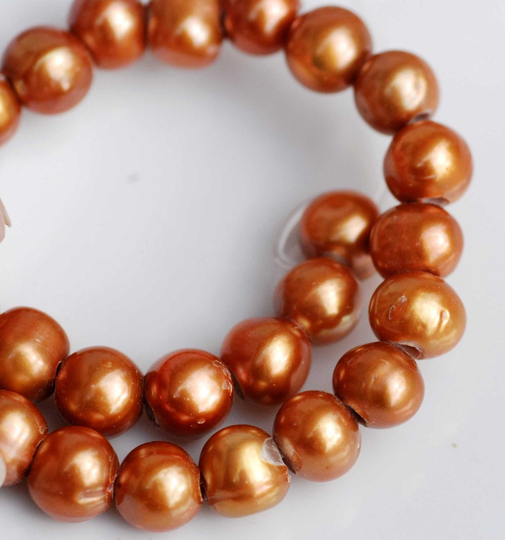 Large Hole Pearl Round Pearl Freshwater Pearl bright brown AA 7-8mm with 2.5mm hole beads--10 pieces high quality