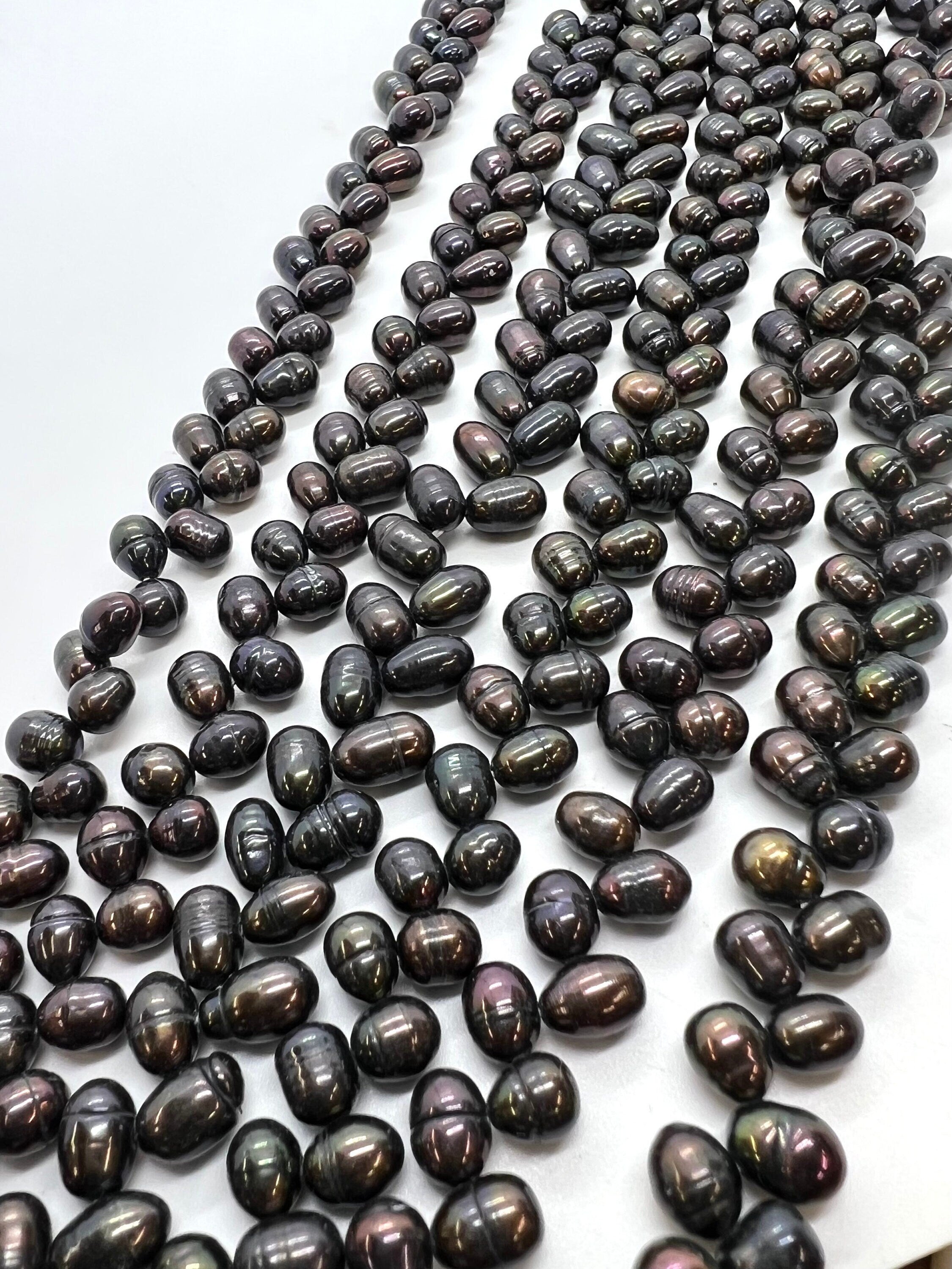 A~AA 6mmx7-8mm top drilled Wheat Pearl Freshwater Pearl, peacock black loose pearl beads----15" full strand 90+ pc dancing pearl for design