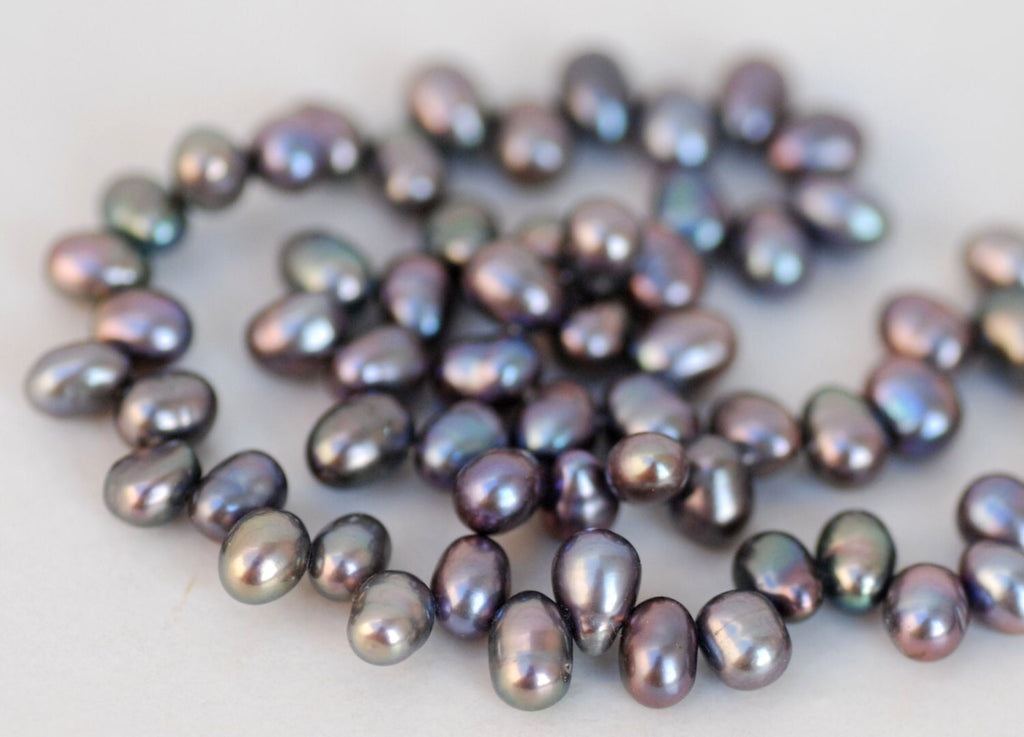 top drilled Dancing Peacock Freshwater Pearl peacock green 5X7mm AA quality briolette tear drop pearl beads 15" full strand 90+ pieces