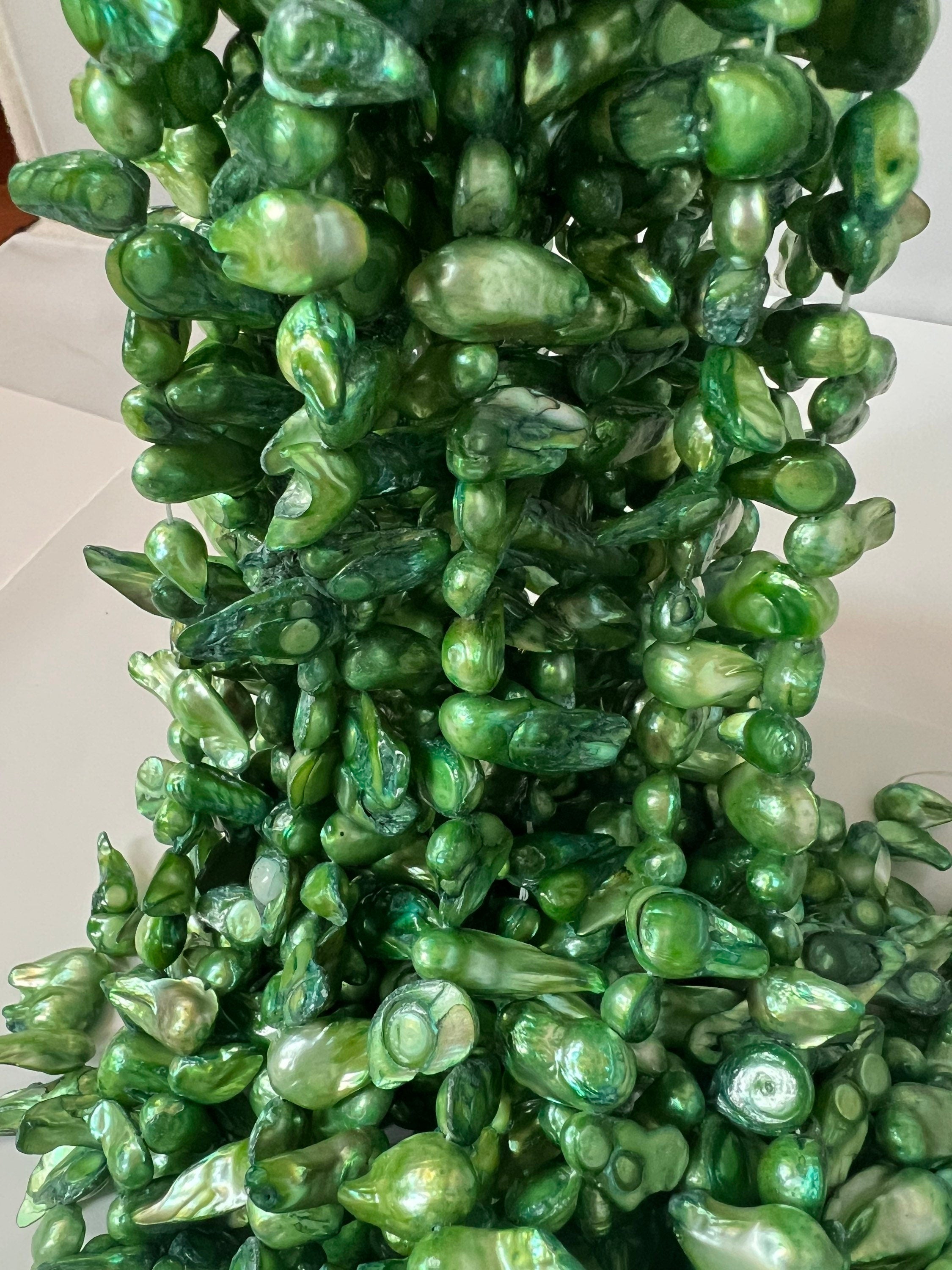 Large 10X20mm teeth Biwa dancing baroque Freshwater pearl, Apple Green color Briolette top drilled pearl, full strand  15" -----on sale