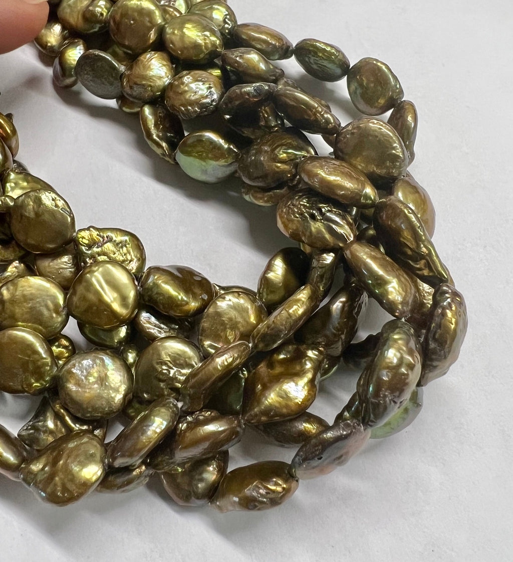 A~AA 10-11mm Beautiful Bright Amy olive green Coin Freshwater Pearl, good luster, petite pearl NEW COLOR for Bridal design wedding 15"strand