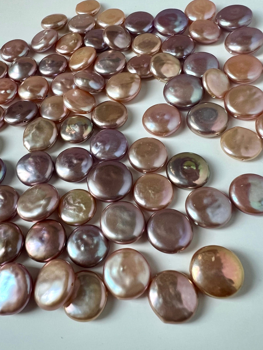 AAA+ gem quality 12-14mm Coin Freshwater Pearl, smooth nacre luster Natural metallic pink peach purple pearl, 2pc Genuine coin pearl, KC3045