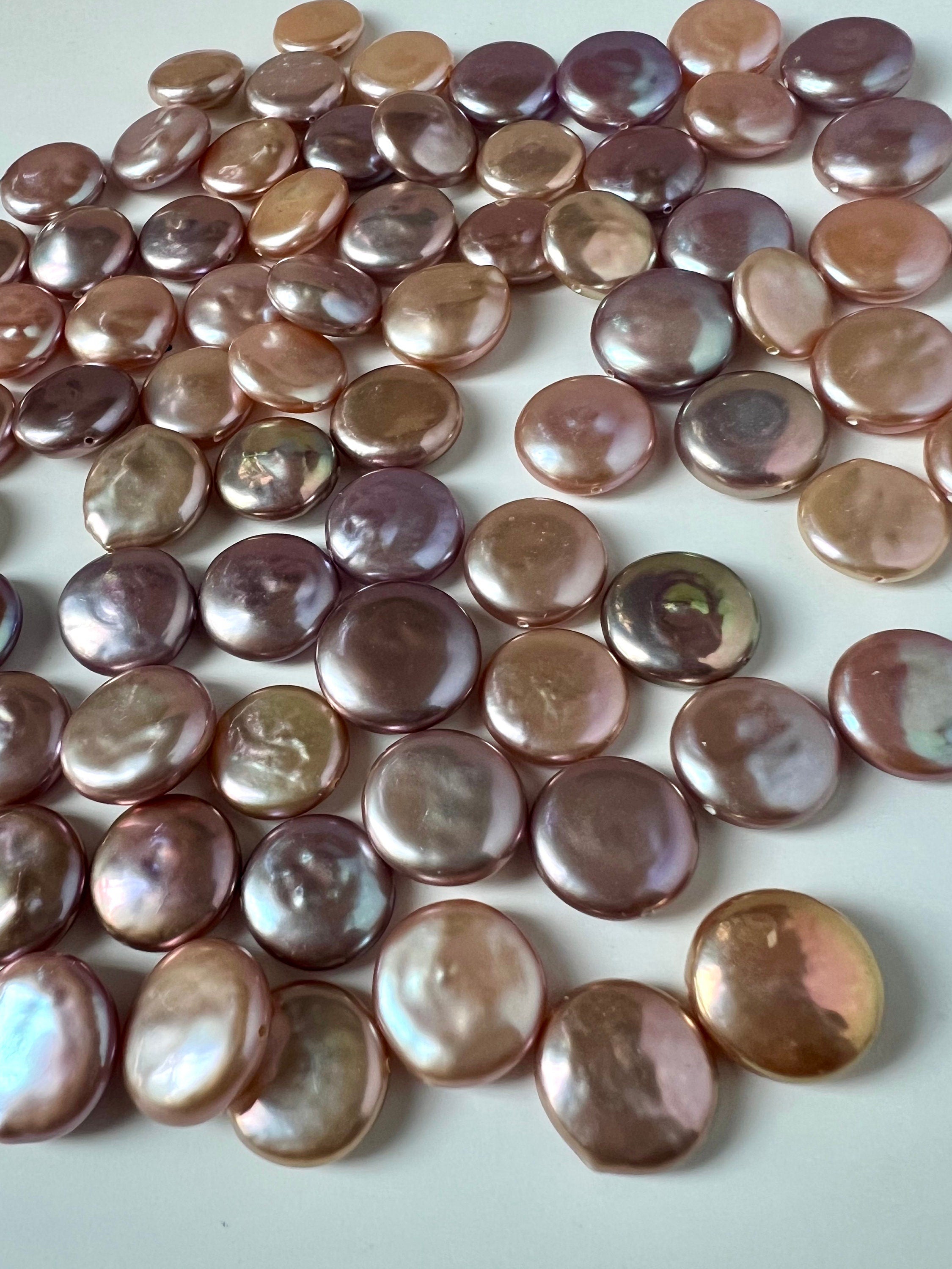 AAA+ gem quality 12-14mm Coin Freshwater Pearl, smooth nacre luster Natural metallic pink peach purple pearl, 2pc Genuine coin pearl, KC3045