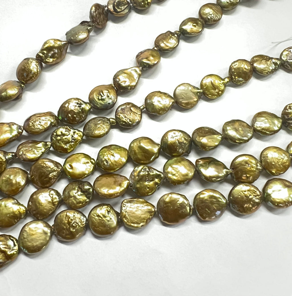 A~AA 10-11mm Beautiful Bright Amy olive green Coin Freshwater Pearl, good luster, petite pearl NEW COLOR for Bridal design wedding 15"strand