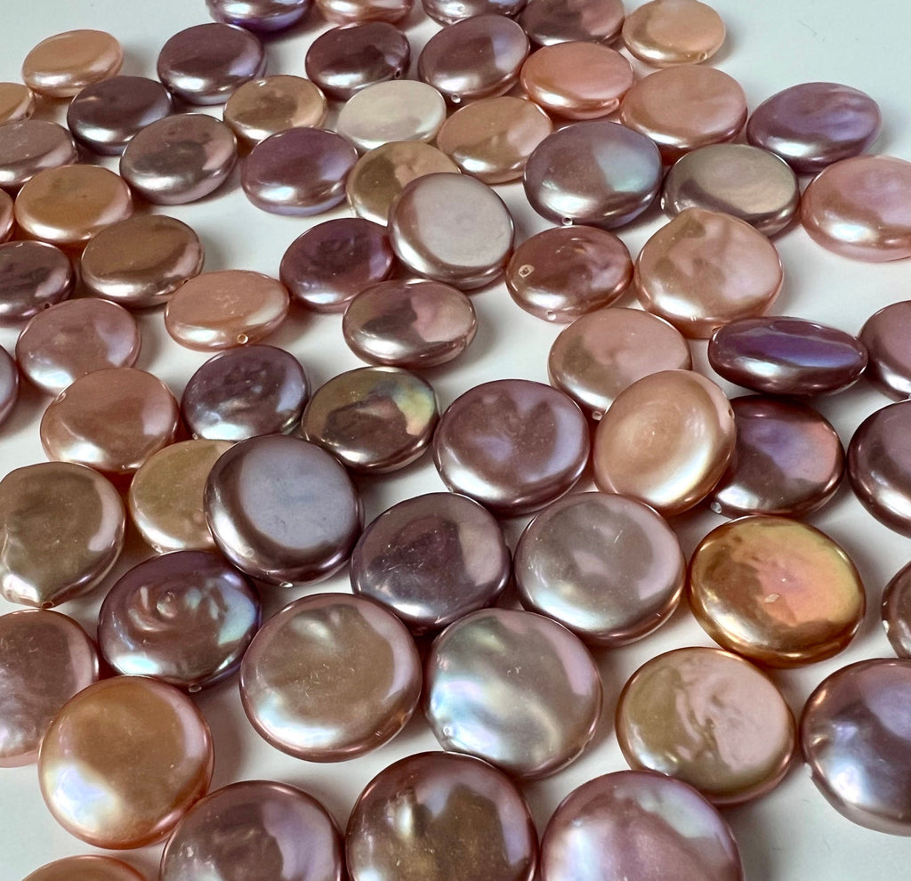 AAA+ gem quality 12-14mm Coin Freshwater Pearl, smooth nacre luster Natural metallic pink peach purple pearl, 2pc Genuine coin pearl, KC3045
