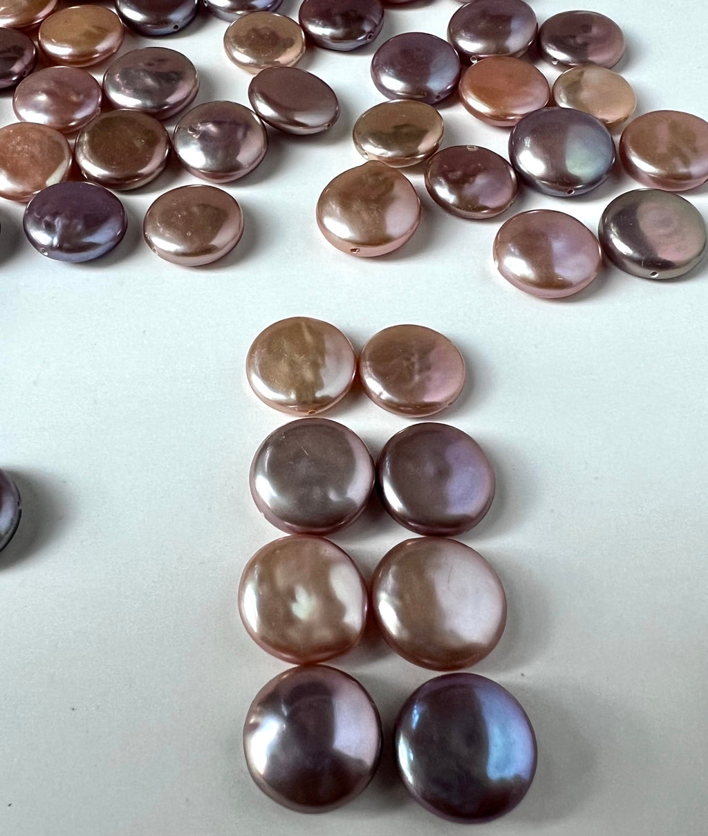 AAA+ gem quality 12-14mm Coin Freshwater Pearl, smooth nacre luster Natural metallic pink peach purple pearl, 2pc Genuine coin pearl, KC3045