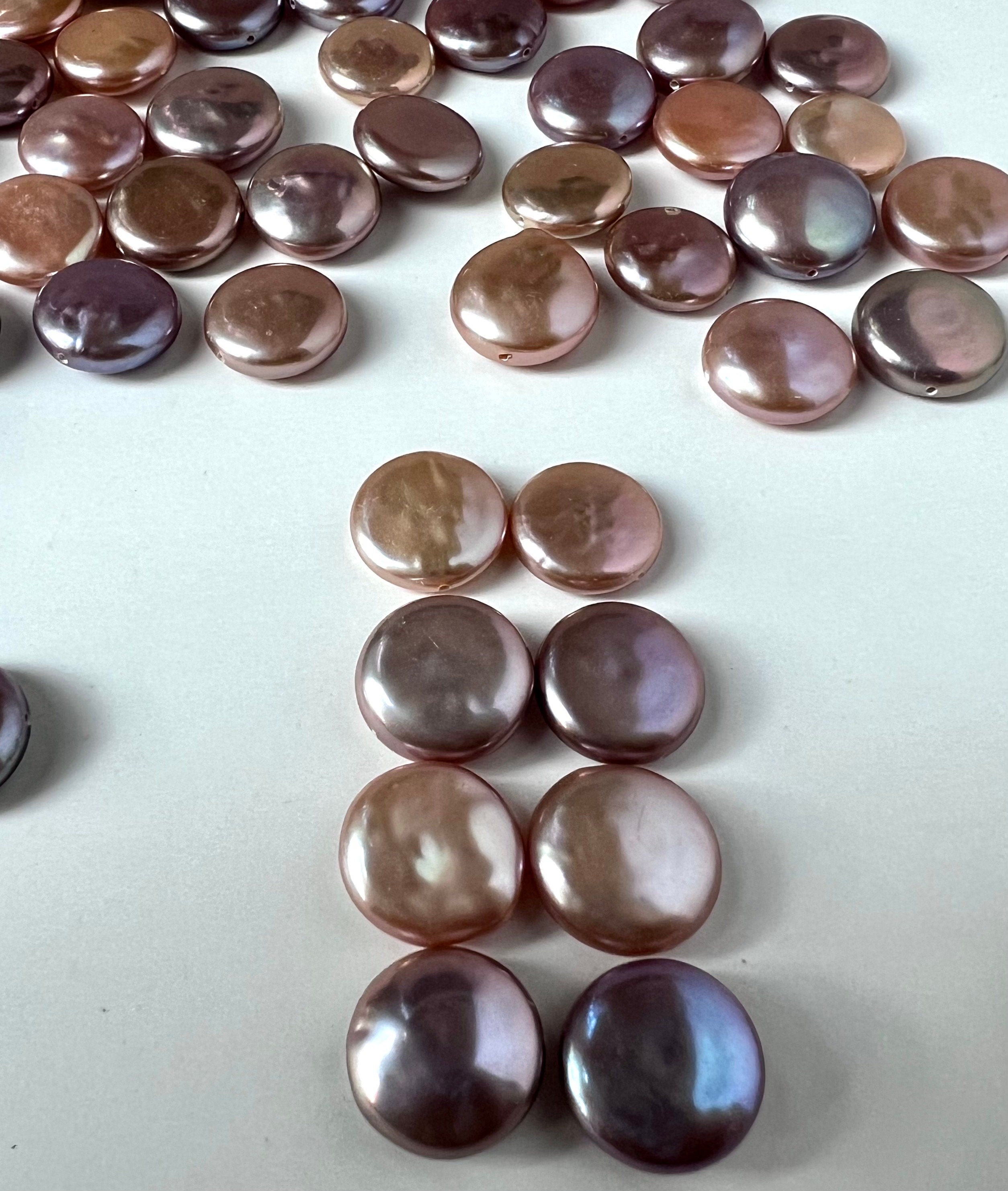 AAA+ gem quality 12-14mm Coin Freshwater Pearl, smooth nacre luster Natural metallic pink peach purple pearl, 2pc Genuine coin pearl, KC3045