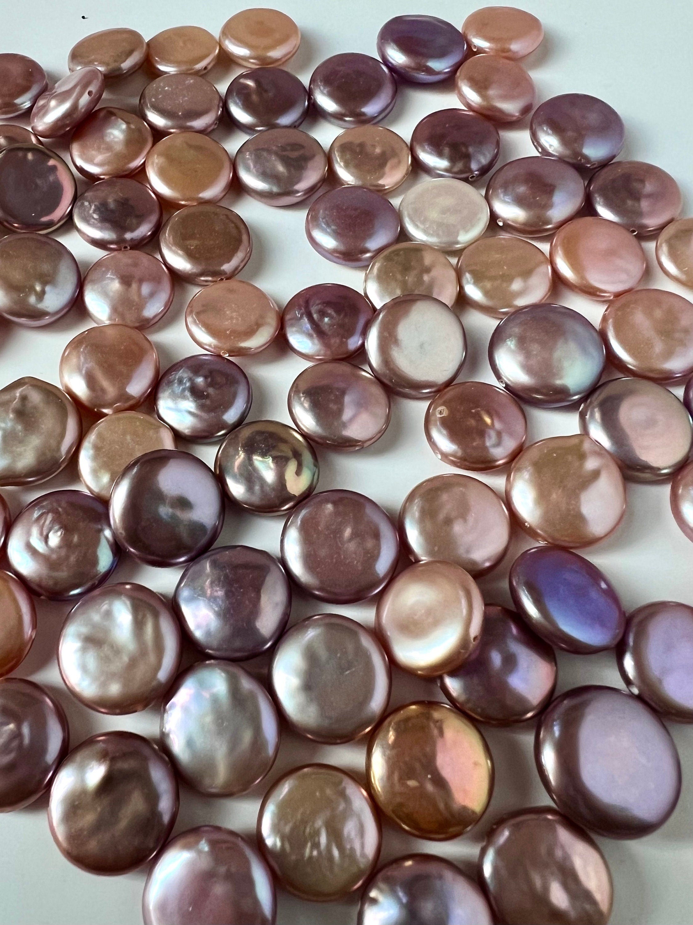 AAA+ gem quality 12-14mm Coin Freshwater Pearl, smooth nacre luster Natural metallic pink peach purple pearl, 2pc Genuine coin pearl, KC3045
