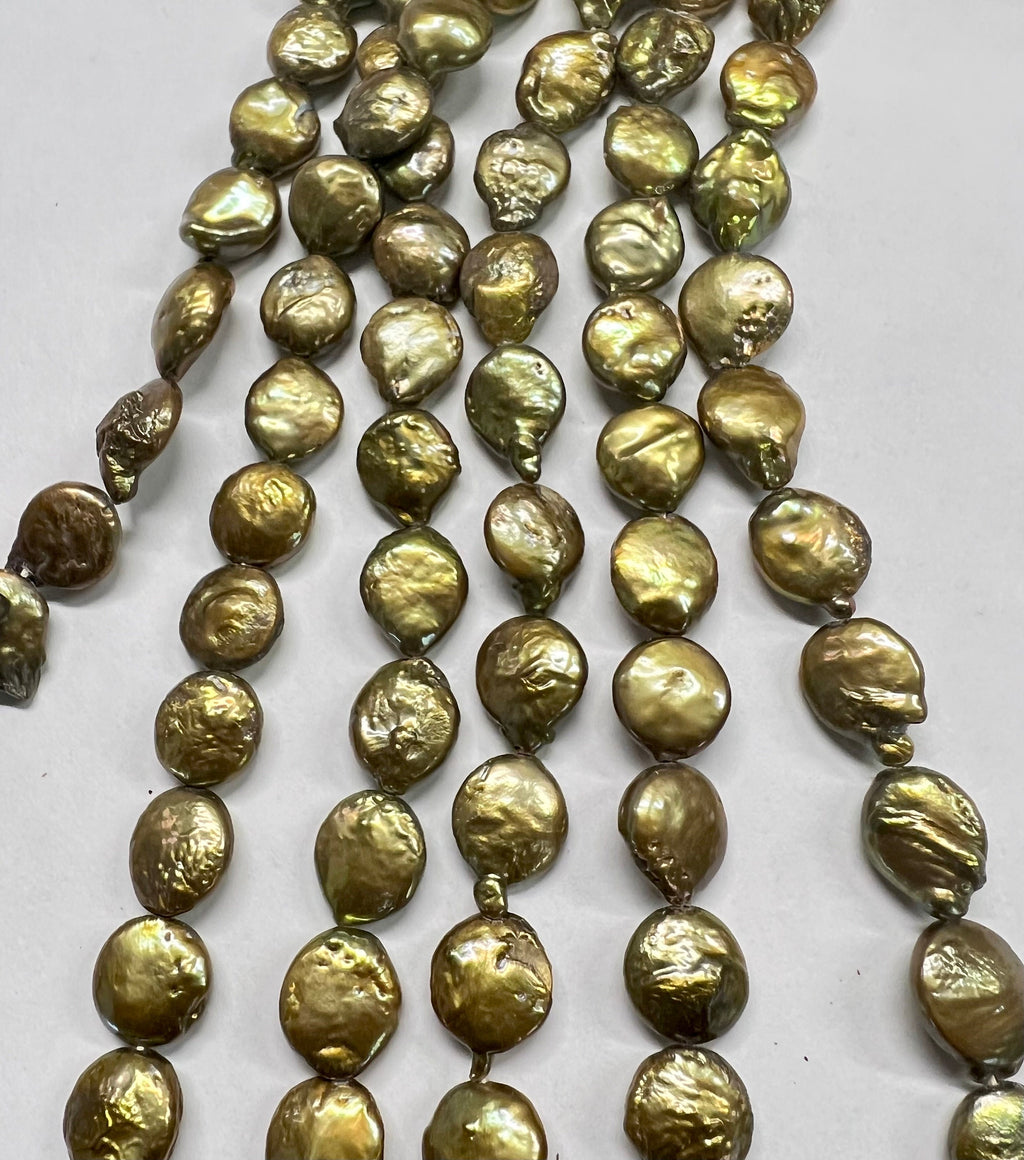 A~AA 10-11mm Beautiful Bright Amy olive green Coin Freshwater Pearl, good luster, petite pearl NEW COLOR for Bridal design wedding 15"strand