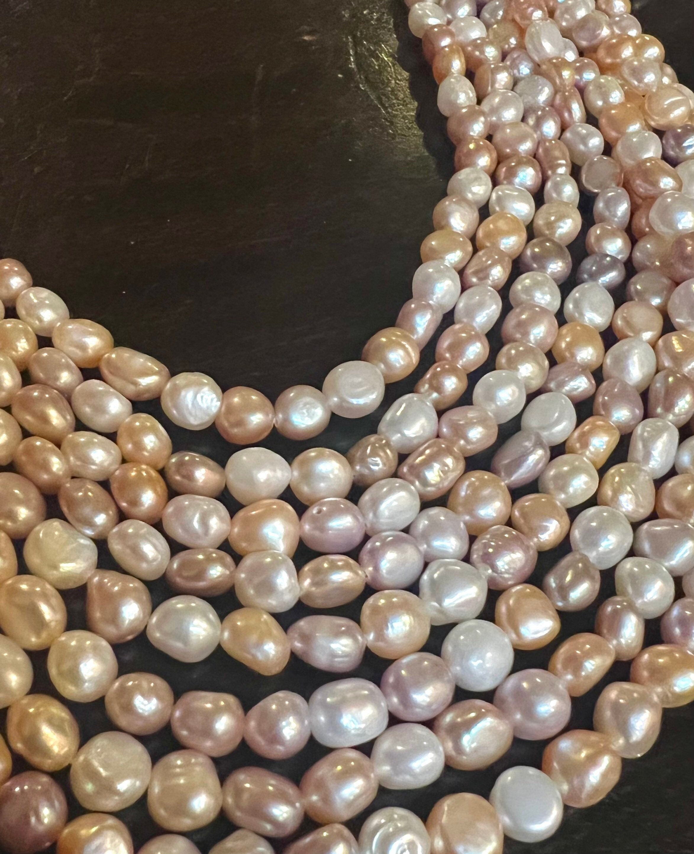 AA 6-7mmX8mm Multi Color Baroque Freshwater Pearl nugget pearl beads, mix Nature White Champagne Pink, 15" Full Strand, NEW Arrival Sale