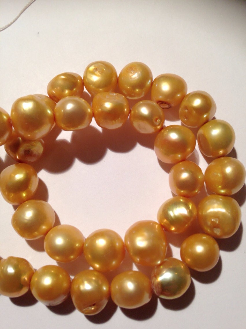 Baroque Pearl Nugget Pearl Freshwater Pearl yellow champagne---15" Full strand Large 9-11mm AA genuine pearl--NEW SALE #Ba4009