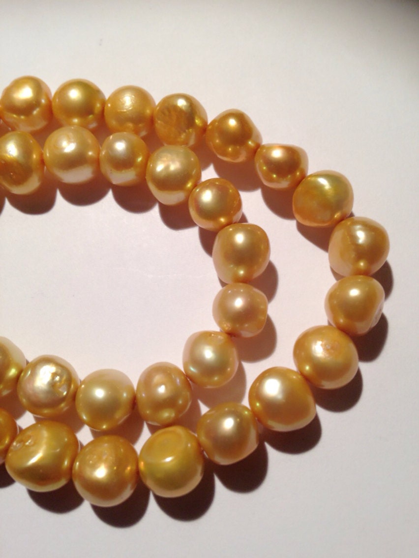 Baroque Pearl Nugget Pearl Freshwater Pearl yellow champagne---15" Full strand Large 9-11mm AA genuine pearl--NEW SALE #Ba4009